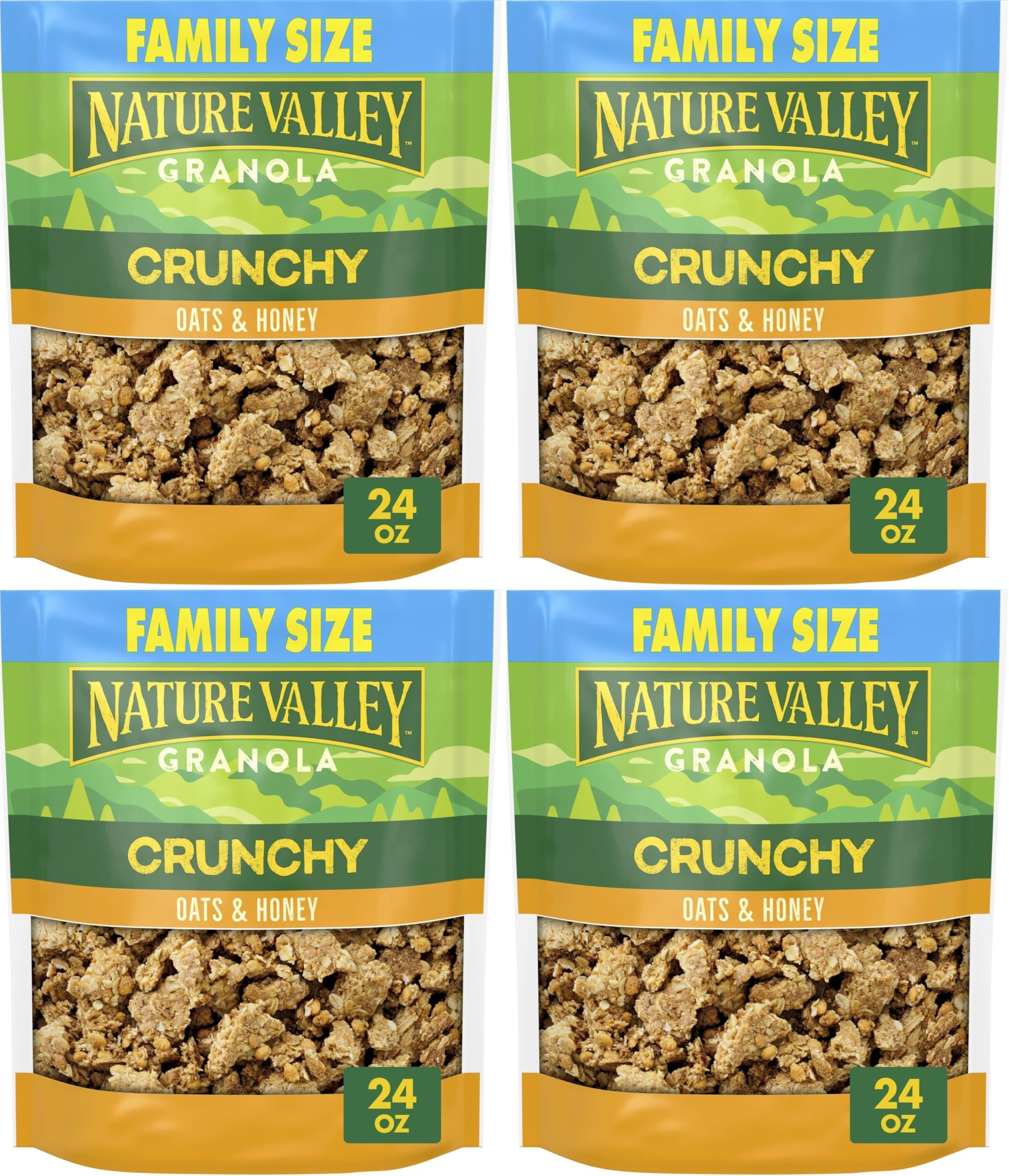 Nature Valley Crunchy Granola, Oats and Honey, Resealable Snack Pouch, Family Size, 24 oz (Pack of 4)