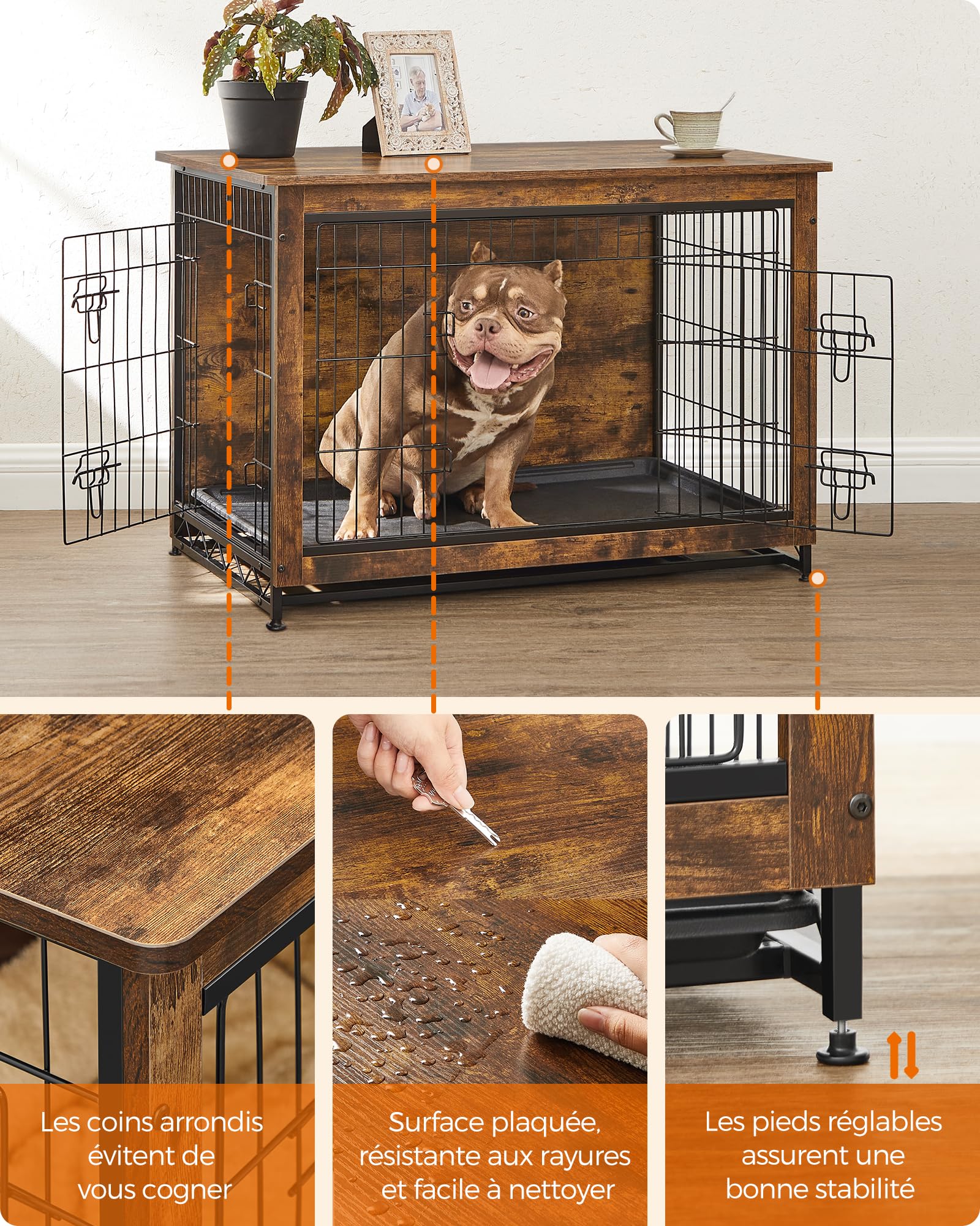 Feandrea Cage pour Chiens, Table d’Appoint, Niche Moderne pour Chiens Jusqu’à 32 kg, Cage pour Chiots, Plateau Amovible, Maisonnette pour Animaux, 2 Portes, Marron Rustique PFC003X01