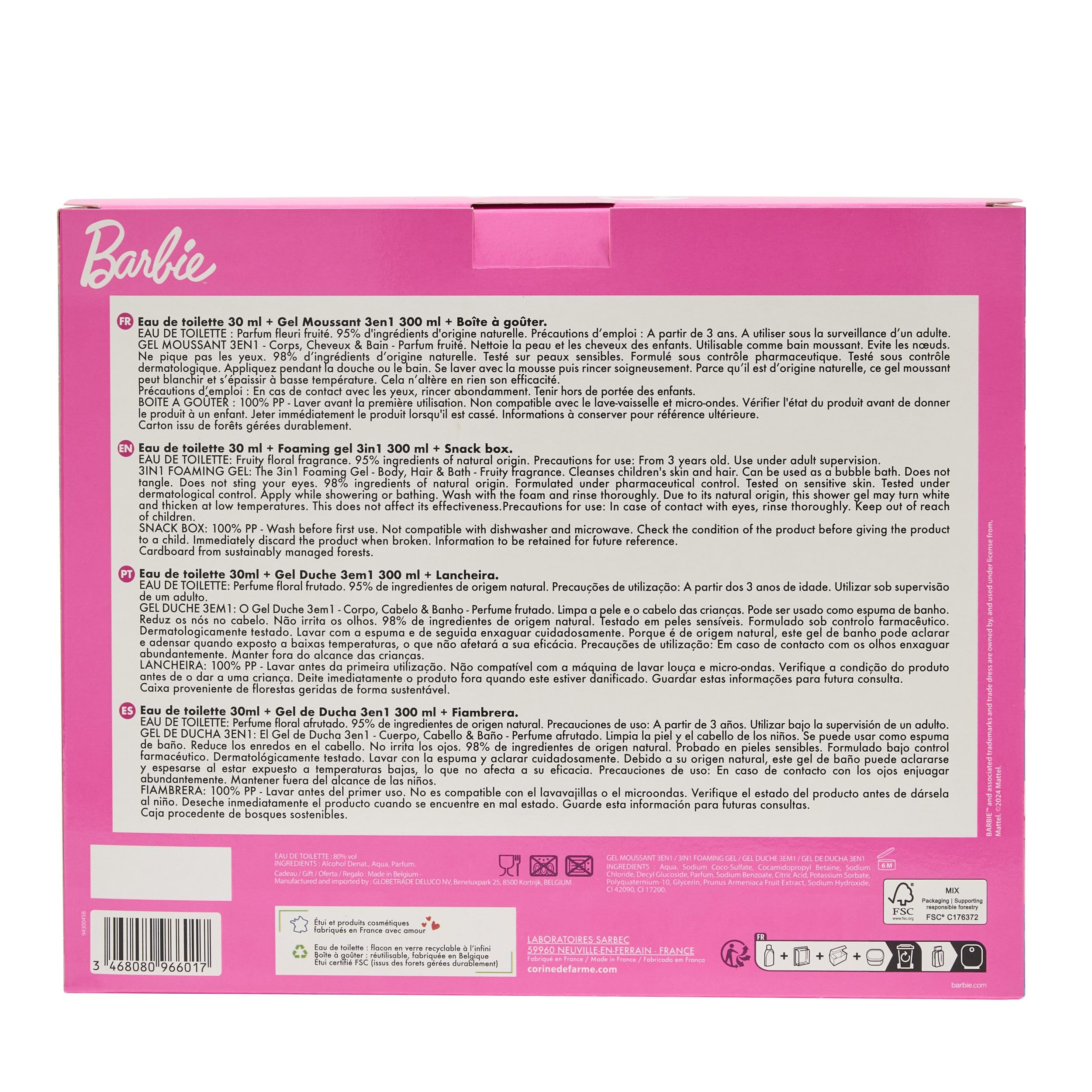 Corine de Farme - Coffret Barbie Enfant - Eau de Toilette 30ml Florale & Fruitée + Gel Moussant 3 en 1, Cheveux & Bain - Ingrédients Naturels