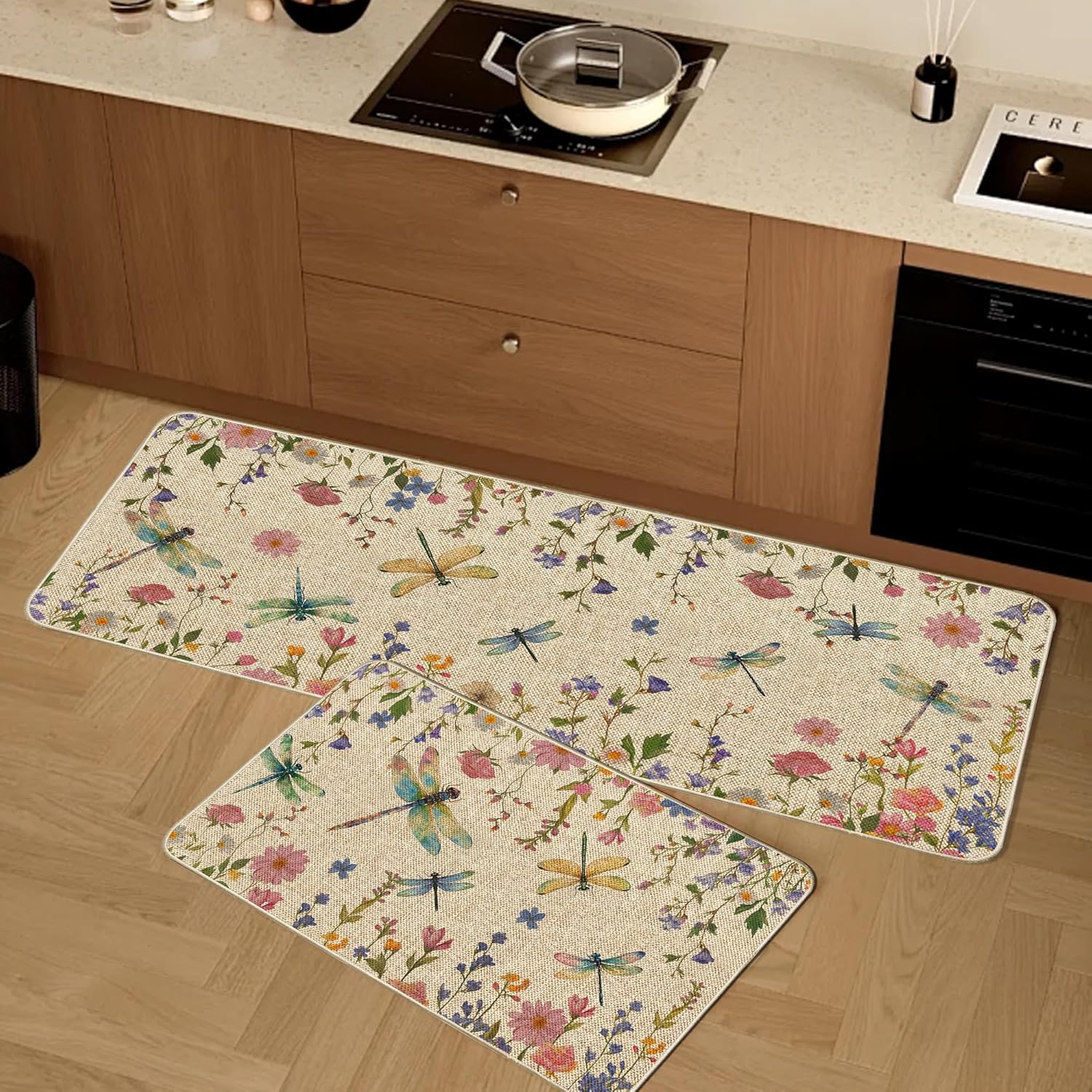 Spring Summer Dragonflies Wildflowers Kitchen Mats Set of 2, Watercolor Floral Garden Kitchen Rugs Seasonal Holiday Floor Non-Slip Low Profile Mat Farmhouse Home Decor 17x29 and 17x47 Inch