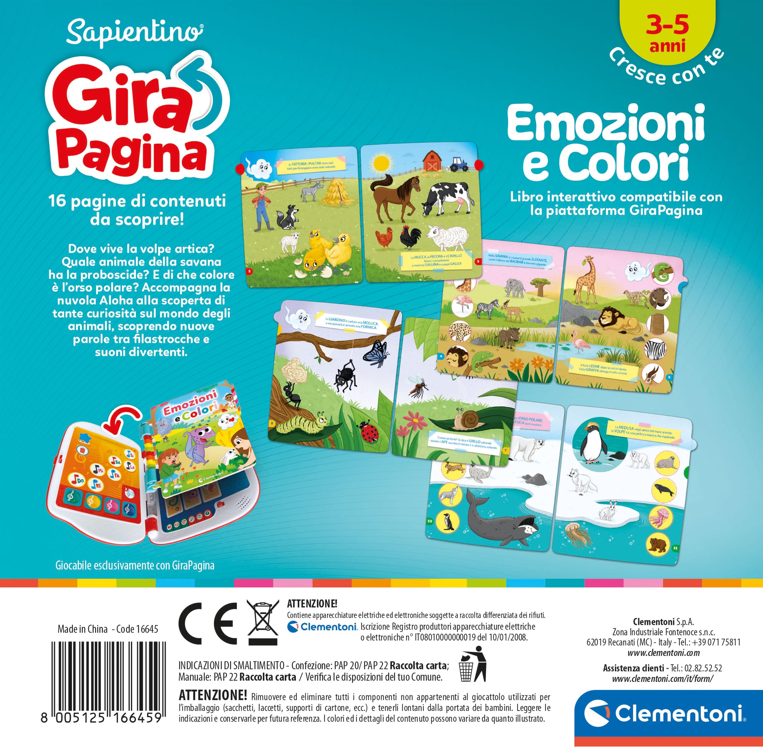 Clementoni Sapientino - Girapagina Emozioni e Colori, Gioco Educativo Bambini 3-5 Anni, Libro Interattivo per Imparare a Leggere e Scoprire Le Emozioni, Lingua Italiana, 16645