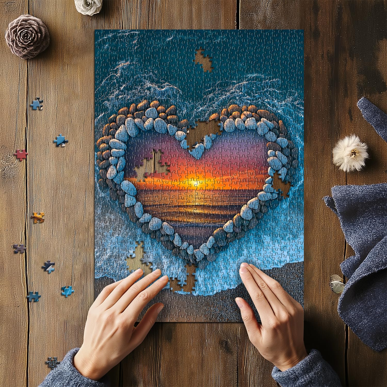 PICKFORU Beach Puzzles for Adults 1000 Piece, Ocean Heart Colorful Sunset Jigsaw Puzzle Scenic Scenery, Summer Marine Love Themed - Image 4