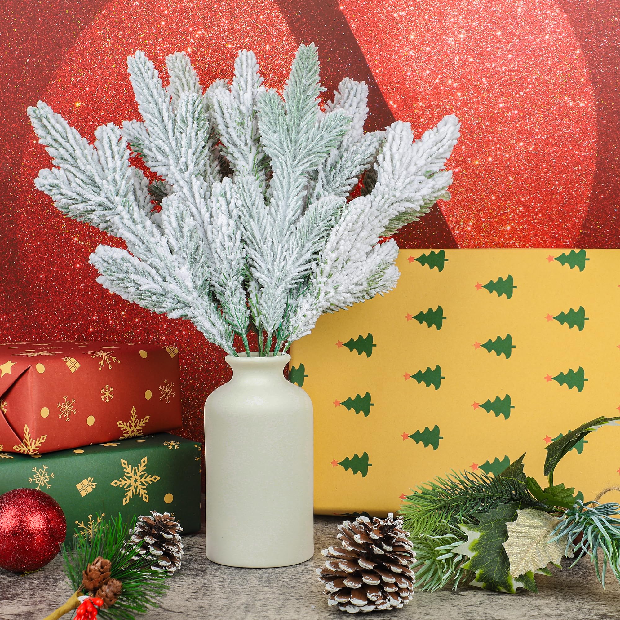 15 Branches Aiguilles De Pin Artificielles Enneigées - 27 Cm - PVC Et Fil - Pour Décoration Noël, Couronnes, Guirlandes