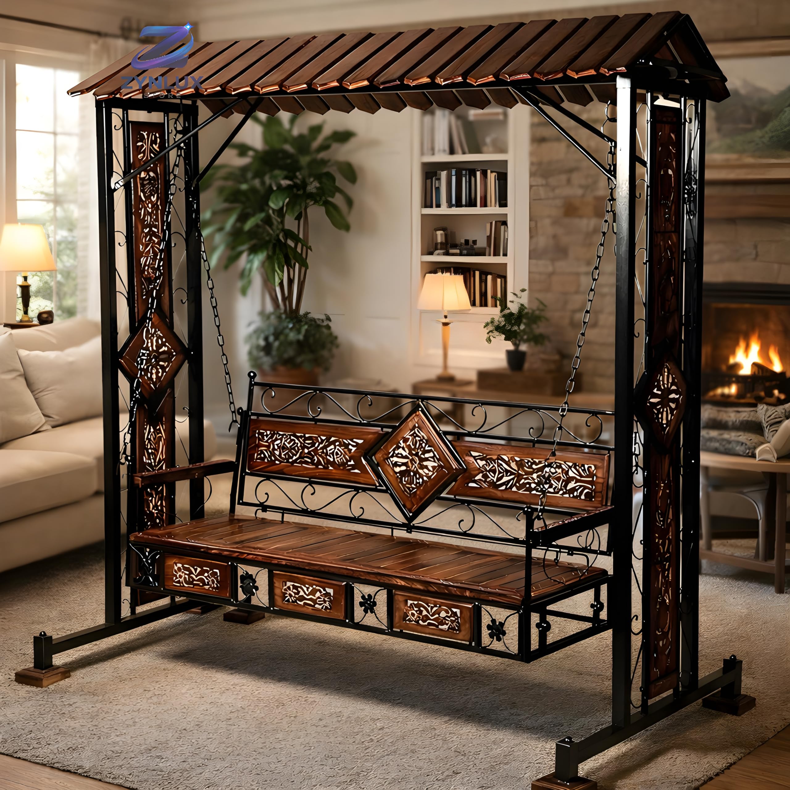 Solid Wood & Iron Swing with Canopy, Traditional Carved Design, Jhoola Indoor Indian Swing for Adults Hammock Jhula, Cradle for Living Room Home Garden, Balcony (Design 1) (Design 2)-image-33