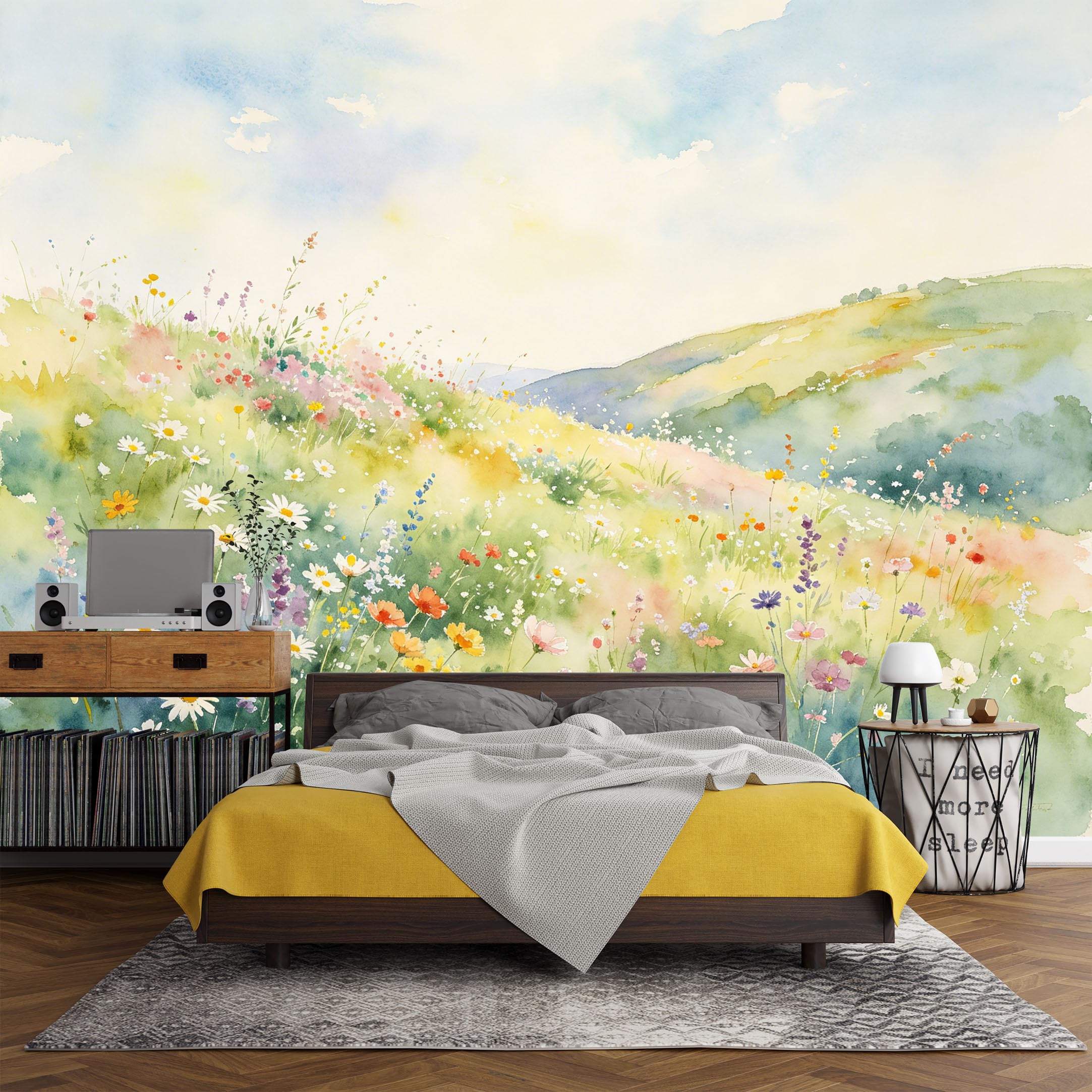 Custom Size Wall Mural， Botanical Wildflower Meadow Watercolor Landscape Hills Bloom Nature Art，SelfAdhesive Art Prints wall Fabric(No PVC) Removable Wallpaper Living Room Decor