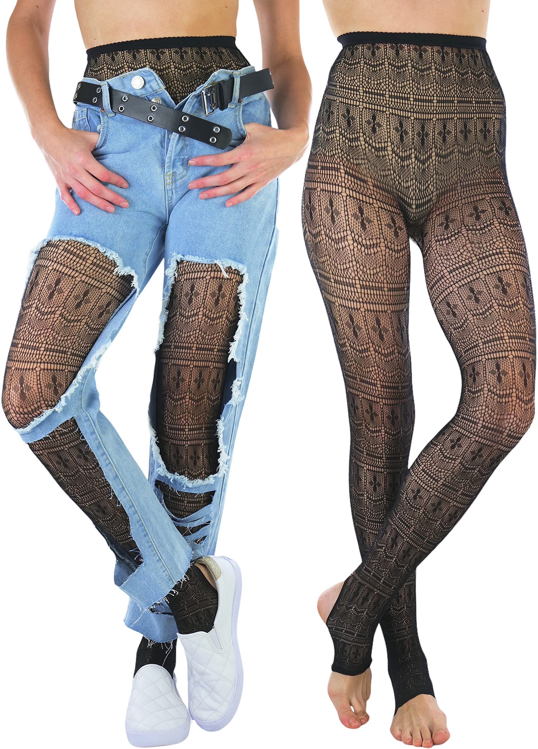 ToBeInStyle Women's Single Floral Lace Fishnet Tights Footless &amp; Stirrup Design