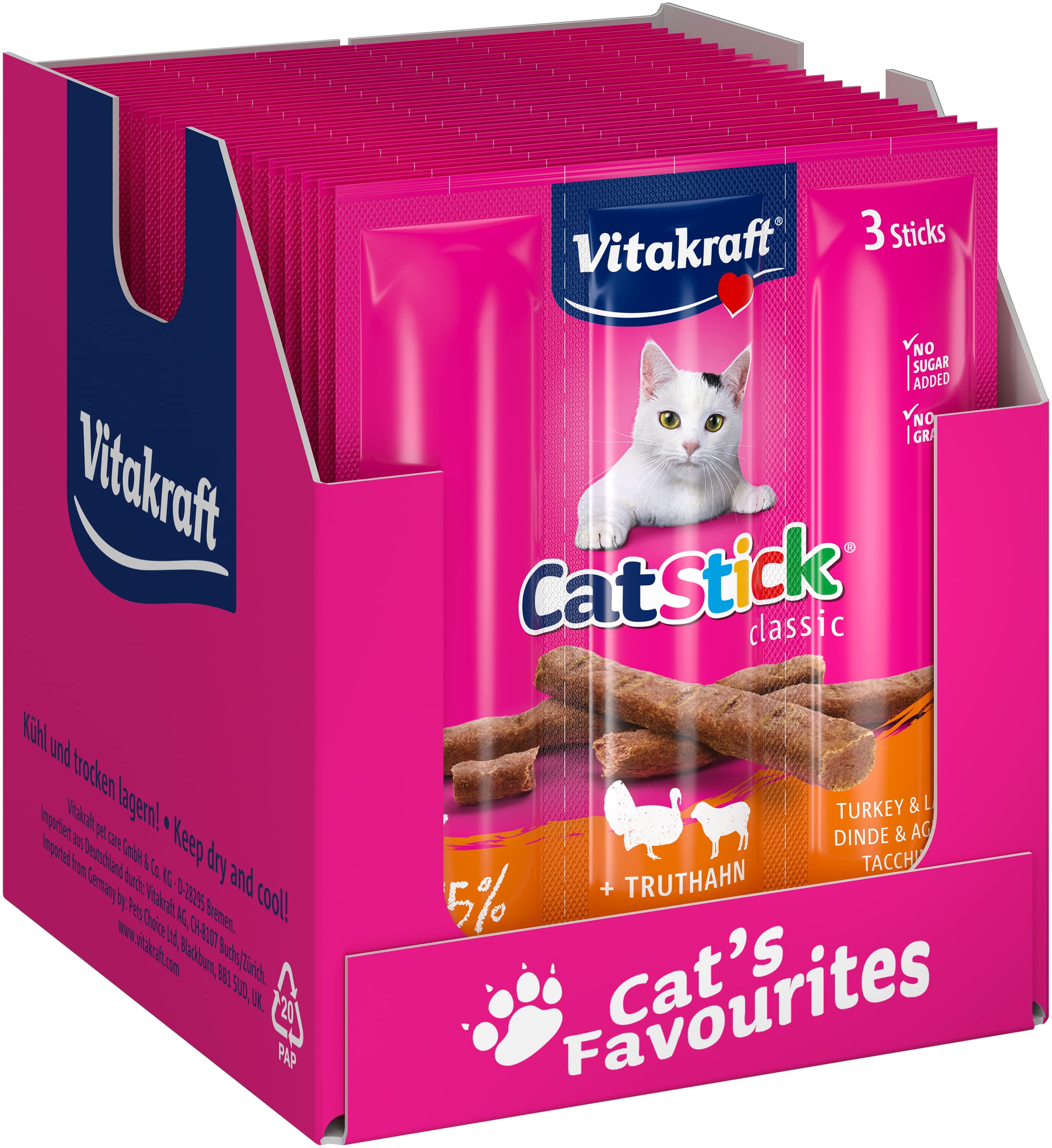 Vitakraft Cat Stick Classic, Aperitivo para Gatos, Mini palitos carnosos, con Pavo y Cordero, en Reserva, sin azúcar ni Cereales añadidos (20 x 3 Unidades)