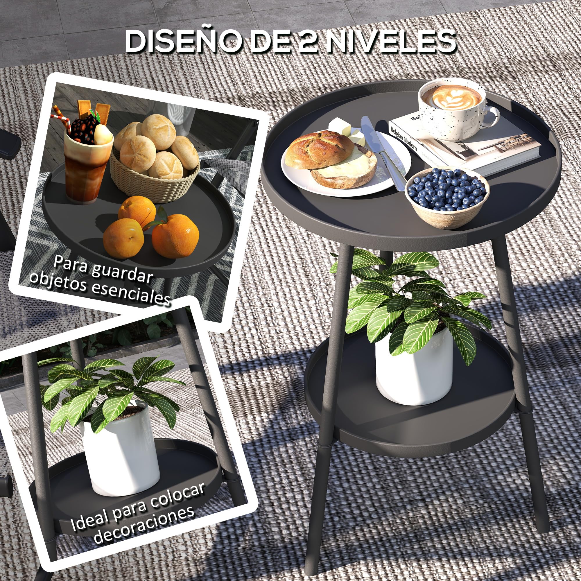 Outsunny Mesa de Jardín Redonda de 2 Niveles Mesa de Terraza Exterior Ø32x51 cm con Bandeja Inferior y Estructura de Metal para Exterior e Interior Negro