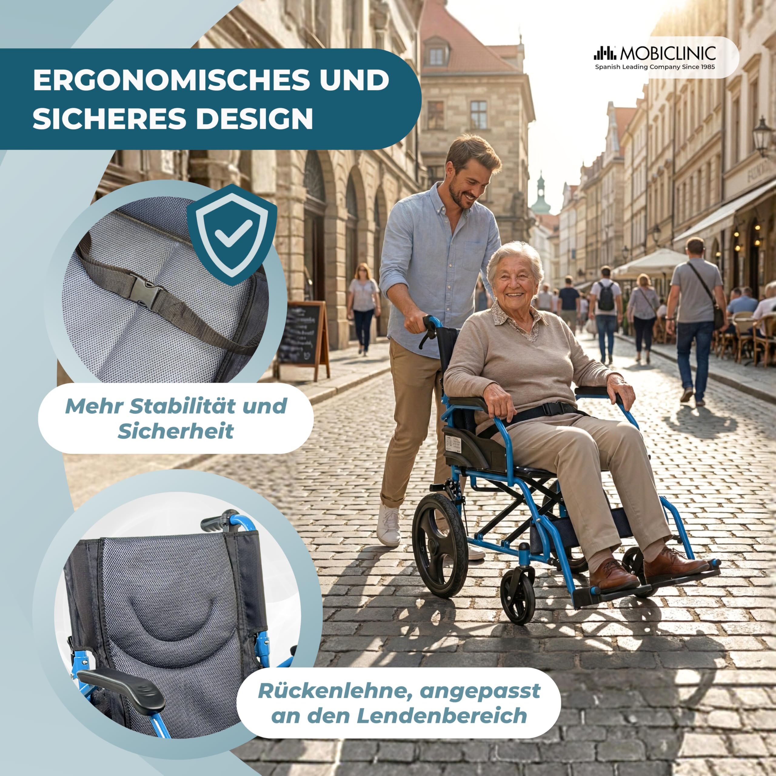 Mobiclinic®, Faltbarer Rollstuhl, Transportrollstuhl, Klappbare Rückenlehne, Klappbare Fußstützen, Doppel Bremssystem, Verstärkter Stahl, Bis 100 kg, Leicht und kompakt, Faraón