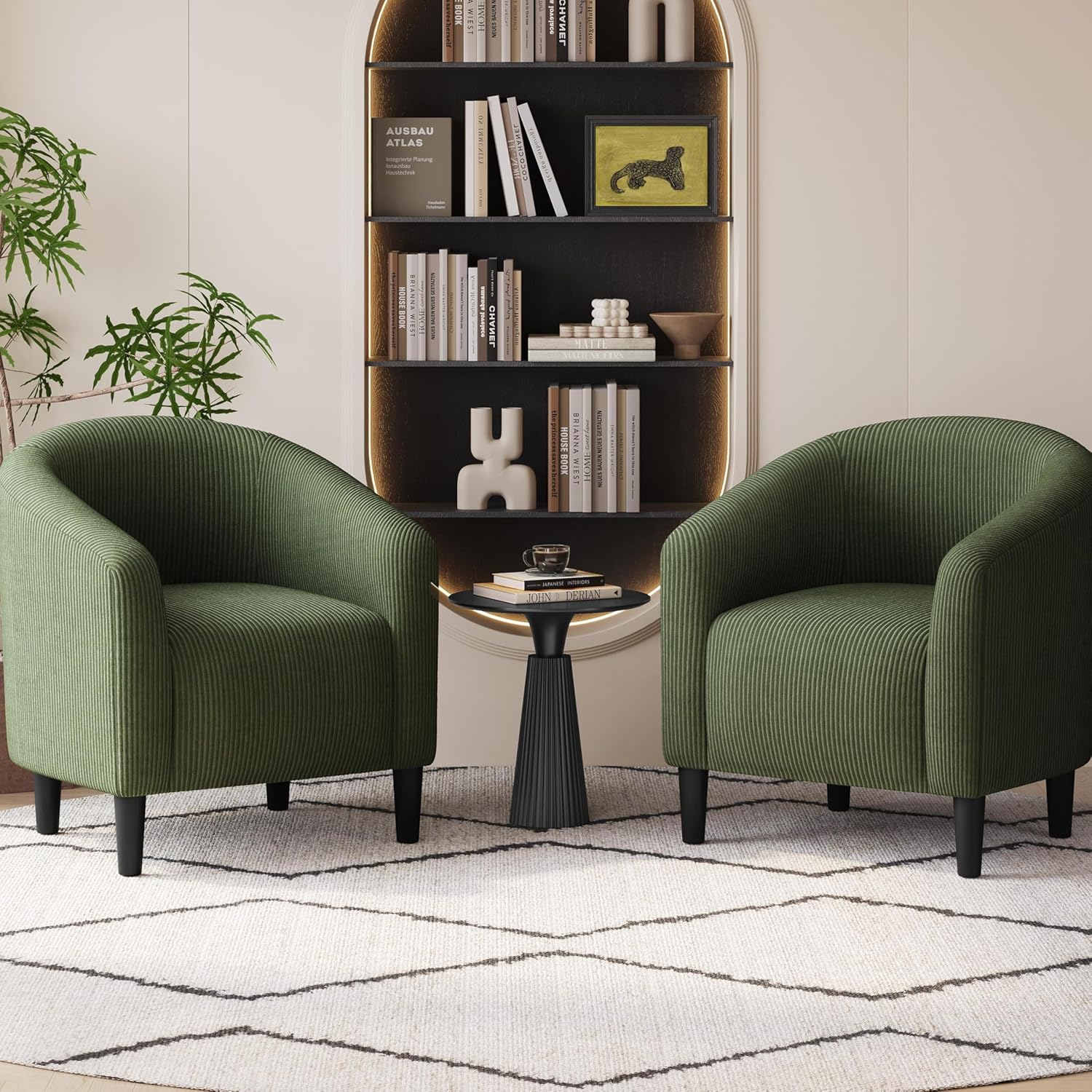 Yaheetech Barrel Chairs, Furry Accent Chairs with Soft Padded Armrest for Living Room Bedroom Waiting Room Office, Set of 2, Dark Green Dark Green (Corduroy) without Ottoman