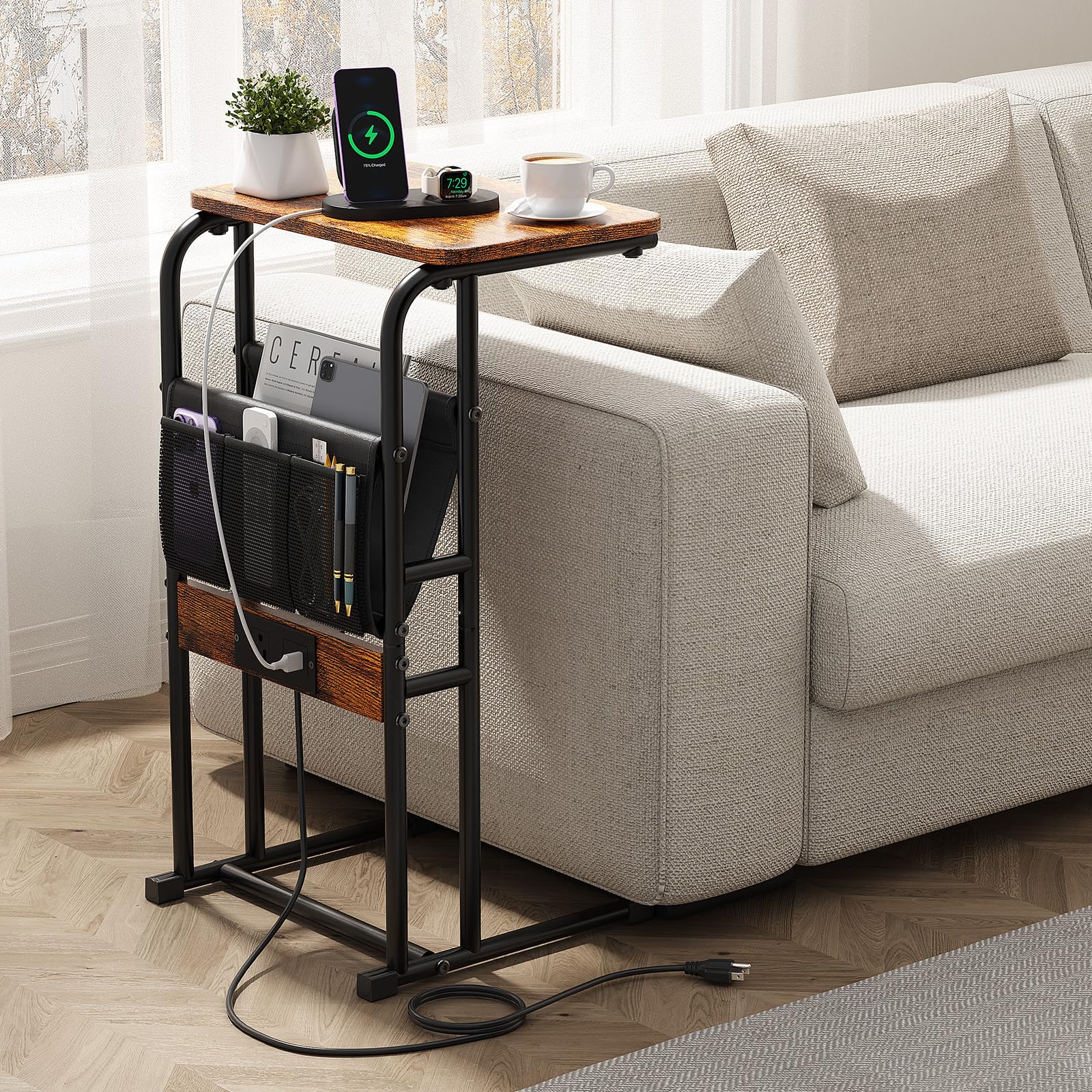 Olldide C Shaped End Table with Charging Station, Side Table for Living Room Bedroom, Slide Under Couch Sofa TV Trays Desk, Small Narrow Space Applicable, Rustic Brown