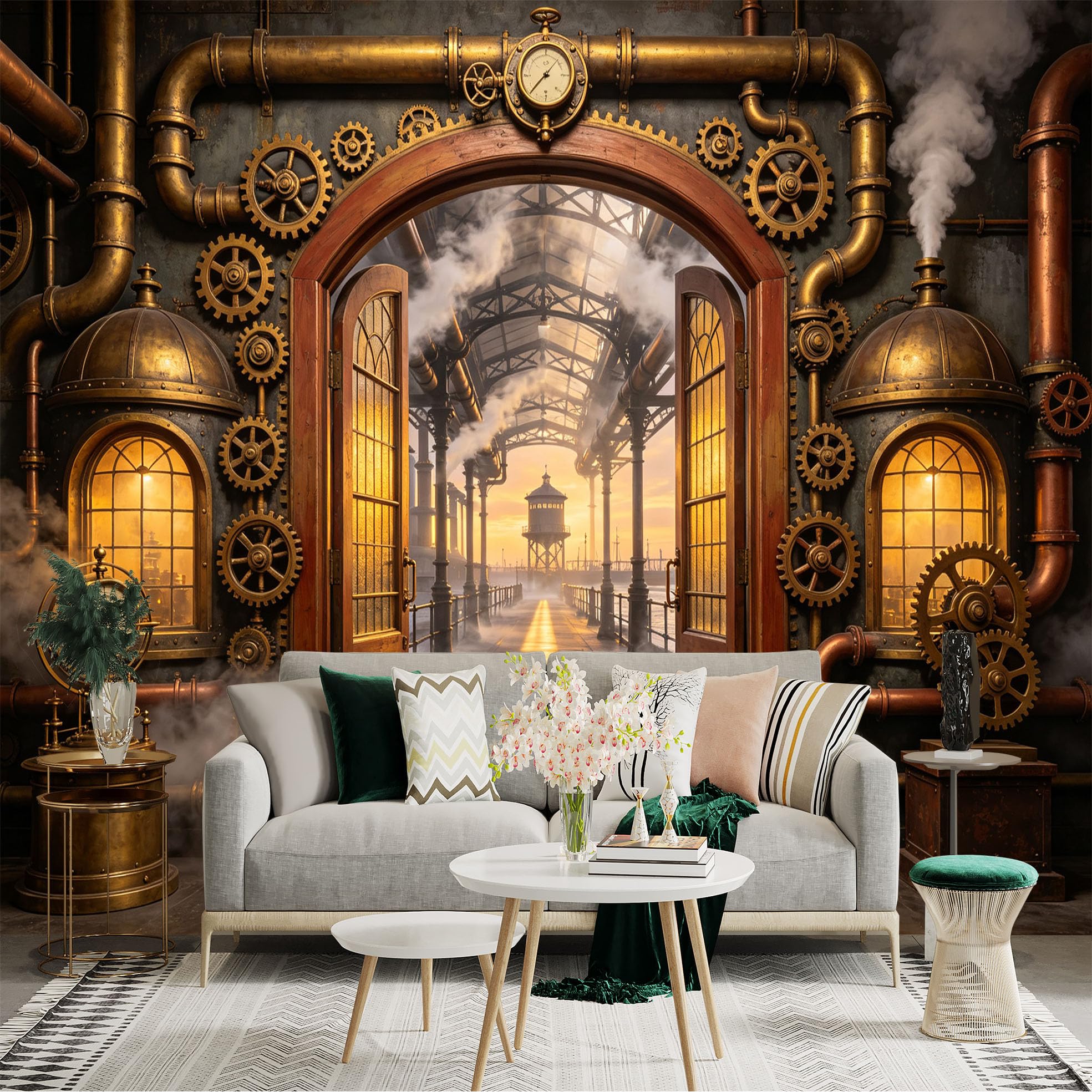 Custom Size Wall Sticker Mural， Steampunk Industrial Corridor with Gears， Pipes and Vintage Clockwork， for wall Decoration， peelandstick wall Decals.