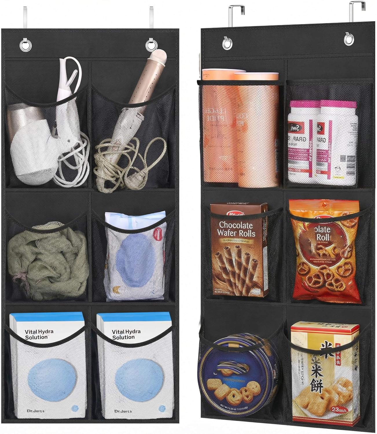 MISSLO 2 Packs Narrow Door Shoe Storage Over Door Organiser Small Hanging Shoe Rack Holder Hanger for Wardrobe with Clear Mesh Pocket for Bathroom, RV, Pantry, Camping (Black)