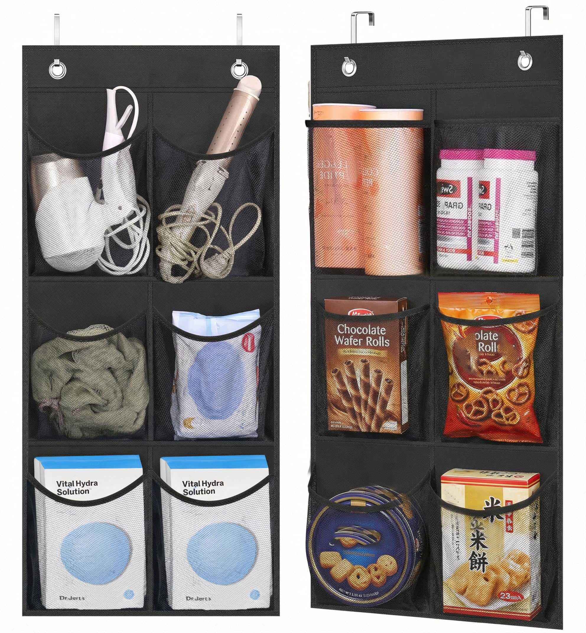 MISSLO 2 Packs Narrow Door Shoe Storage Over Door Organiser Small Hanging Shoe Rack Holder Hanger for Wardrobe with Clear Mesh Pocket for Bathroom, RV, Pantry, Camping (Black)