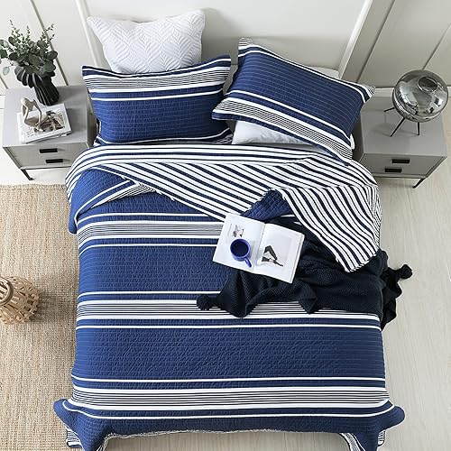 Miniatura 4 de SahSahCasa Juego de edredón tamaño King, juego de edredón 100% algodón, colcha reversible a rayas ligeras para cama King, para todas las estaciones,