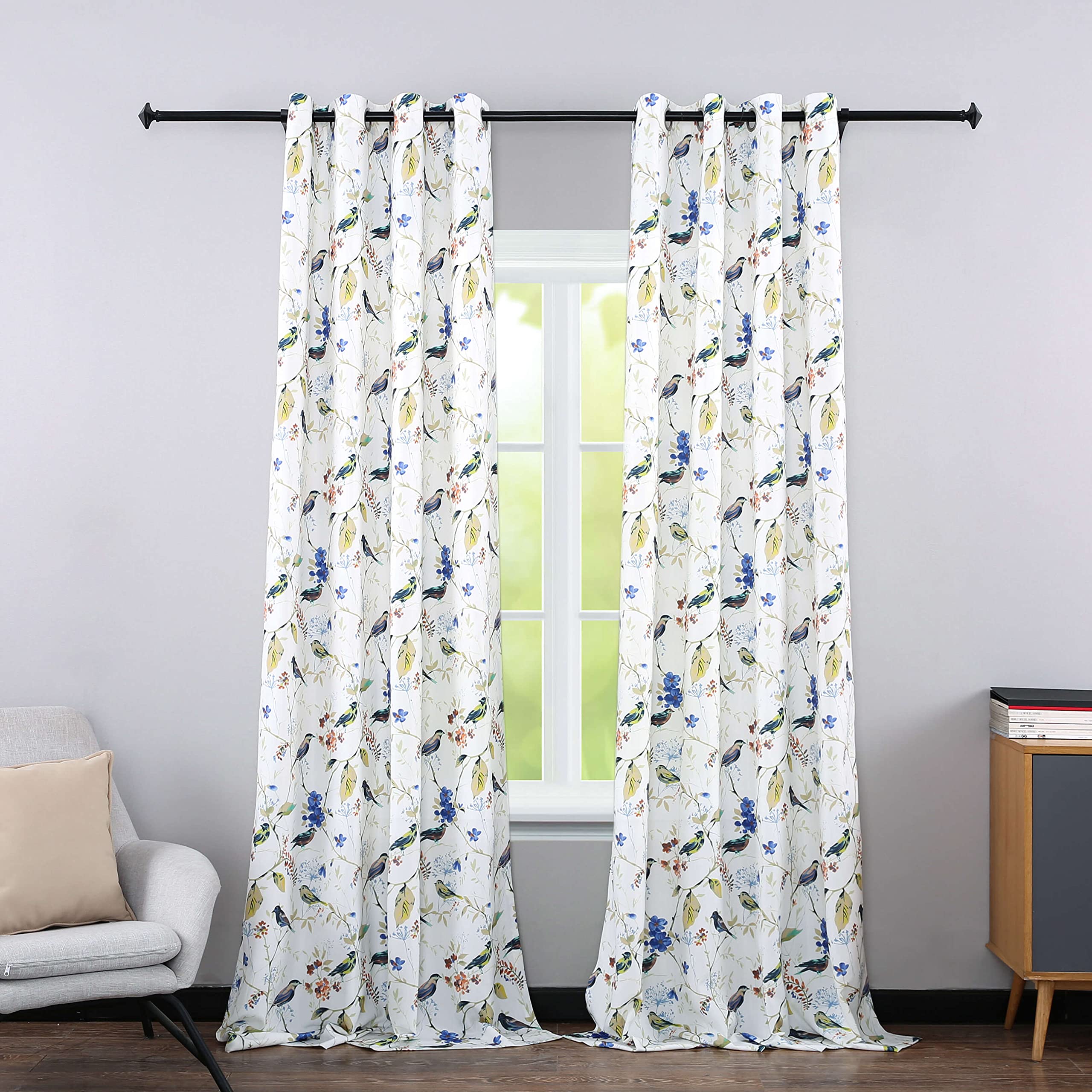 Leeva Curtains for Dining Room Windows, Grommet Flax Linen Blend Garden Room Birds Print Curtain and Drapes for Patio Sliding Door, 2 Panels, 52x63,