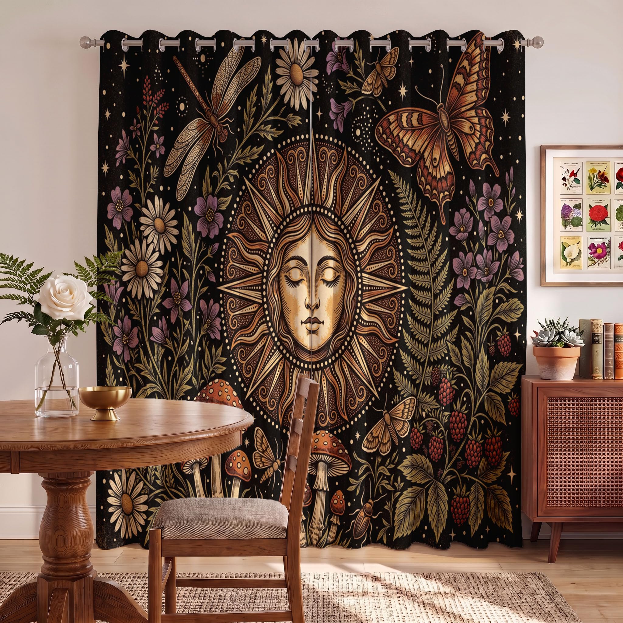 Cortinas Opacas De Tótem Solar Bohemio Planta Retro Cielo Estrellado | Juego De 2 Unidades, Cortinas Opacas con Ojales, Negro, Aislamiento Térmico para Salón Dormitorio, 140Anx260Al Cm