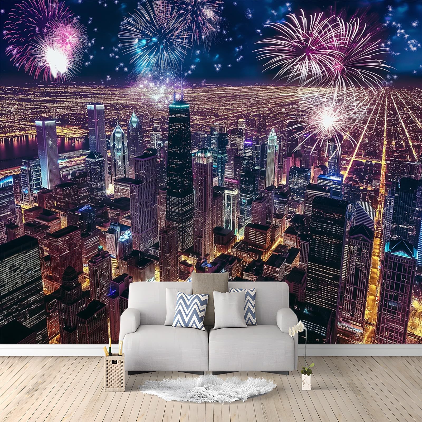 Generico Carta Da Parati Fotografica 3d Effetto Vista Notturna Della Città Di Chicago 400x280 cm Moderna Design Carta per Pareti Soggiorno Camera Da Letto Sala Fotomurali Non Tessuto