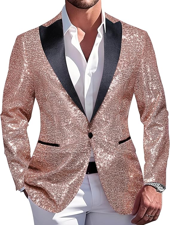 Barry.Wang Mens Sequins Blazer Sparkle Dress Suit Jacket Cocktails Shiny Metallic Disco Dance Party Tuxedo Homecoming