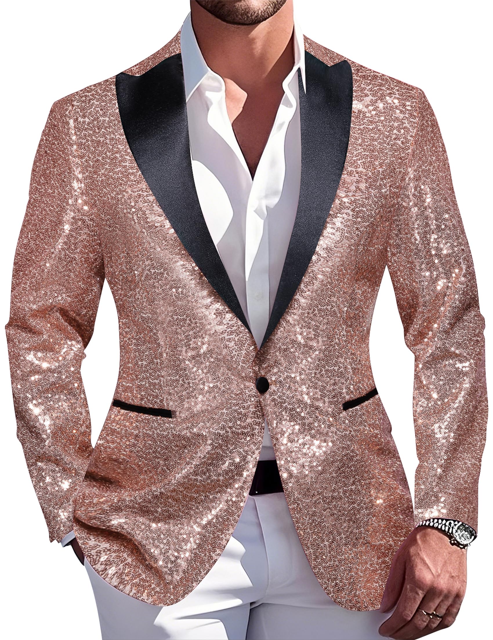 Barry.Wang 70s Disco Sequins Blazer Mens Sparkle Metallic Suit Jacket