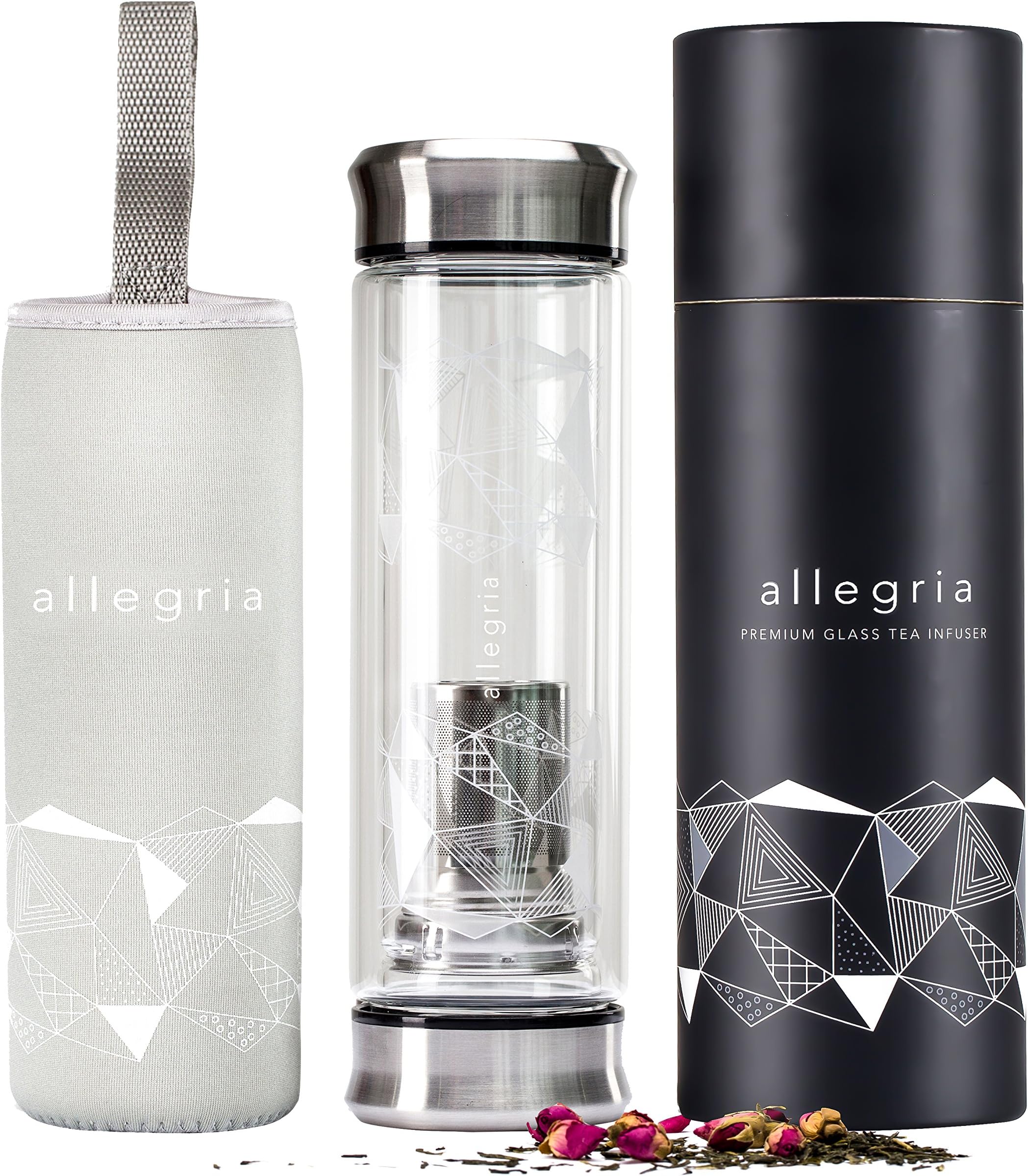 Tea Infuser Travel Mug | Insulated Sweatproof Stainless Steel Loose Tea Steeper Strainer | 13.5 Oz (400ml) | Glass Bottle Coffee Cold Brew Fruit Infusion Tumbler Flask with Sleeve by allegria