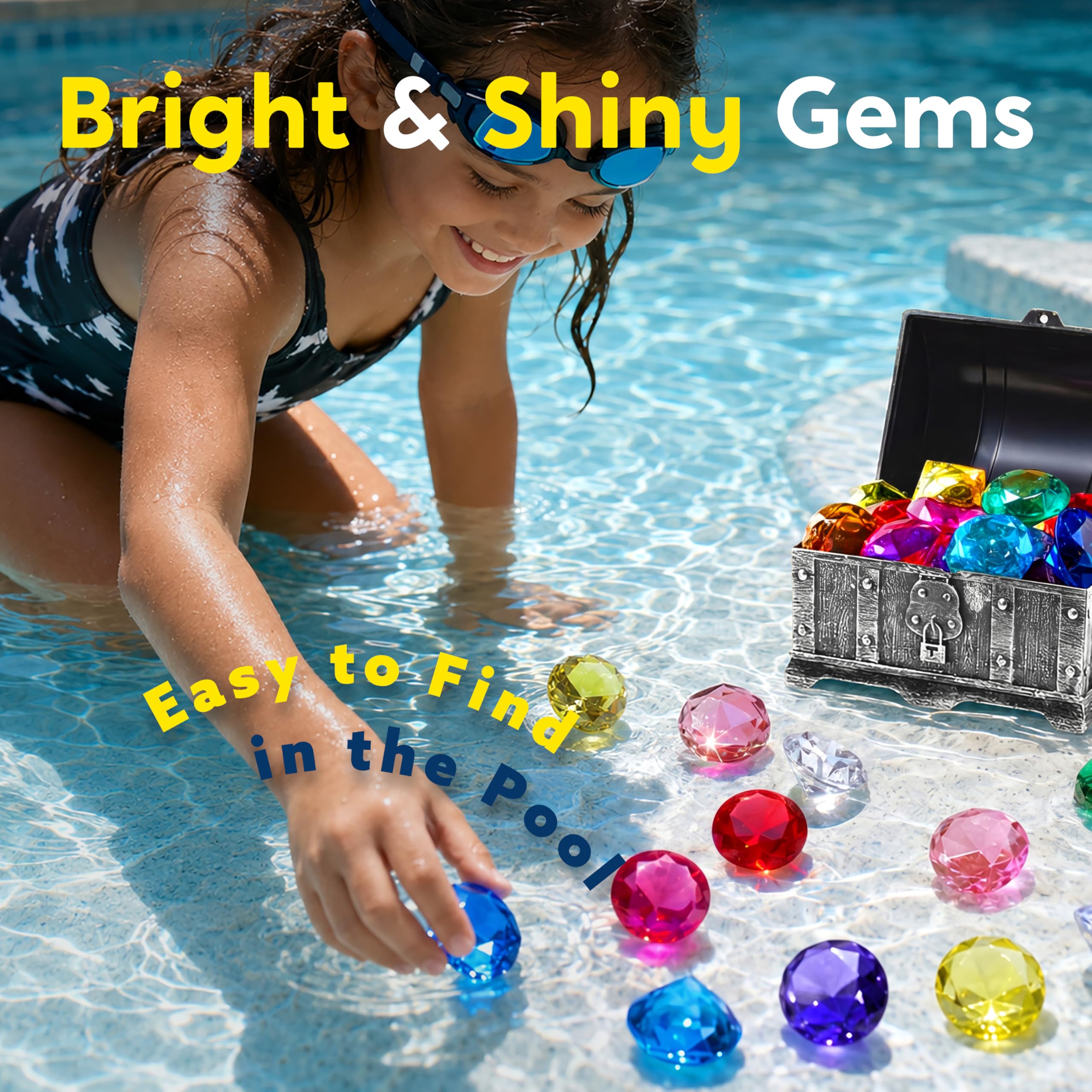 Sloosh Giocattolo da Piscina Diving Gems, 16 Grandi Diamanti Colorati con Scrigno dei Pirati, Giocattolo subacqueo per Bambini con Gemme subacquee, Regalo per l'allenamento al Nuoto