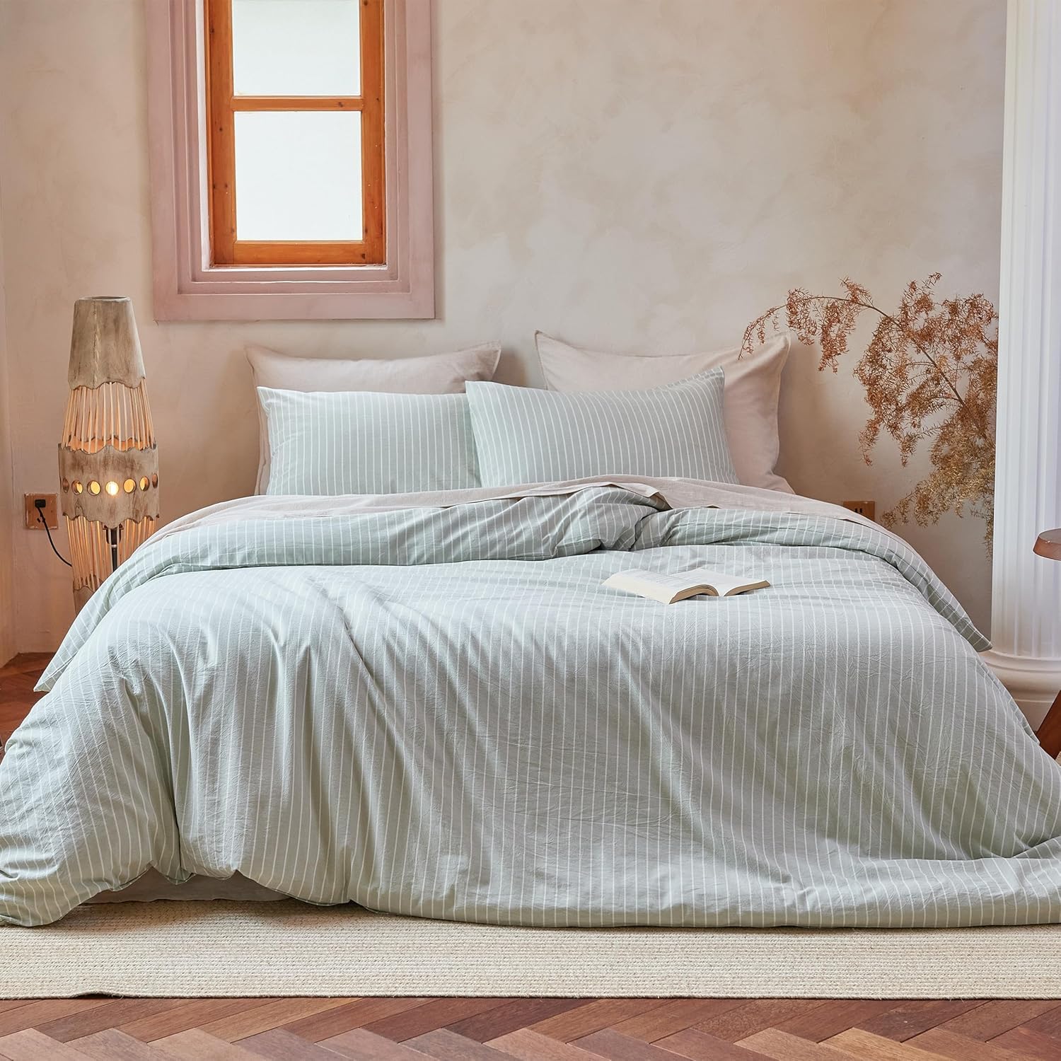 Striped 100% Washed Cotton Duvet Cover Set Twin Size 2Pcs(1 Comforter Cover&1 Pillowcase), Natural Cotton Bedding Set Soft Breathable Farmhouse Zipper Closure All Seasons(Green-White,Twin)