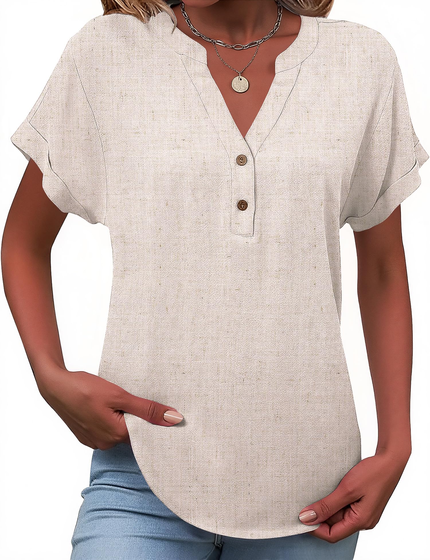 Tisfeer Leinenbluse Damen Sommer Kurzarm Bluse Baumwolle Leinen V-Ausschnitt mit Knopfleiste Locker Lässig Tunika Einfarbig