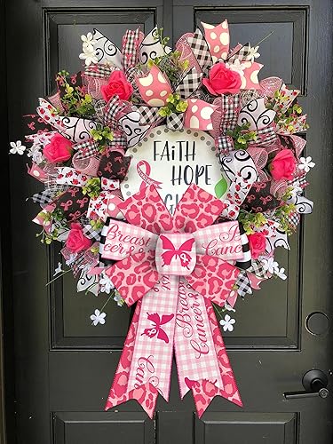 Miniatura 5 de Threetols 2 lazos de corona de concientización sobre el cáncer de mama, lazos a cuadros de búfalo rosa y blanco para corona, lazos de leopardo rosa