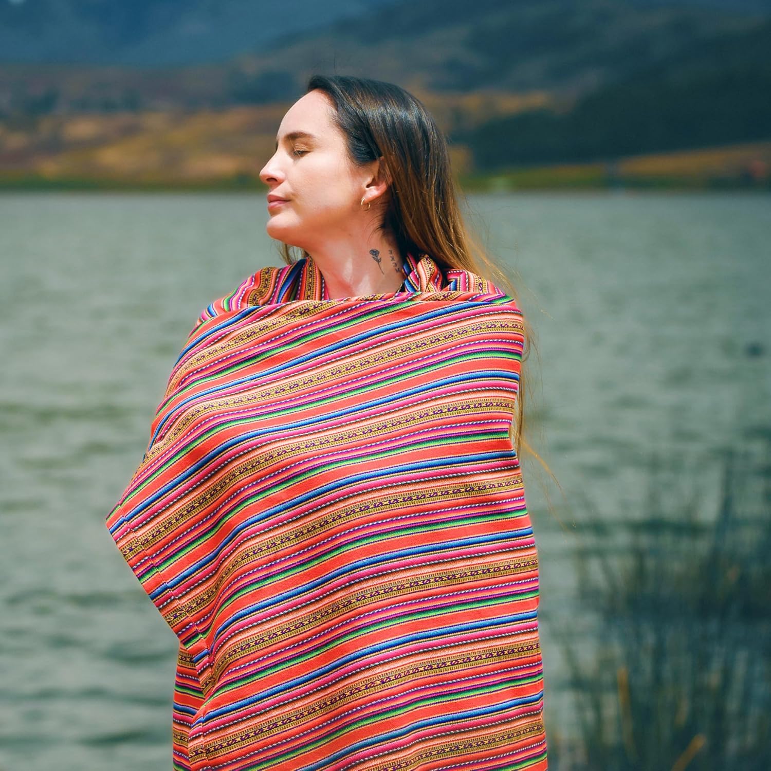 Lucio Fabrics Unique Native Peruvian Throw - Vibrant Colors Lightweight Durable - Home,Yoga, Beach,Camping,Picnic,Outdoor Activities Thin Blanket 70'' x 47'' (Red Andean Stripes)