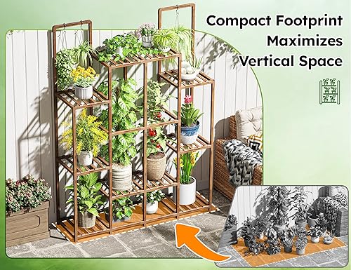Miniatura 5 de EnHomee Soporte para plantas de interior de madera, estante para plantas al aire libre con 14-18 macetas de doble barra para plantas grandes de 440
