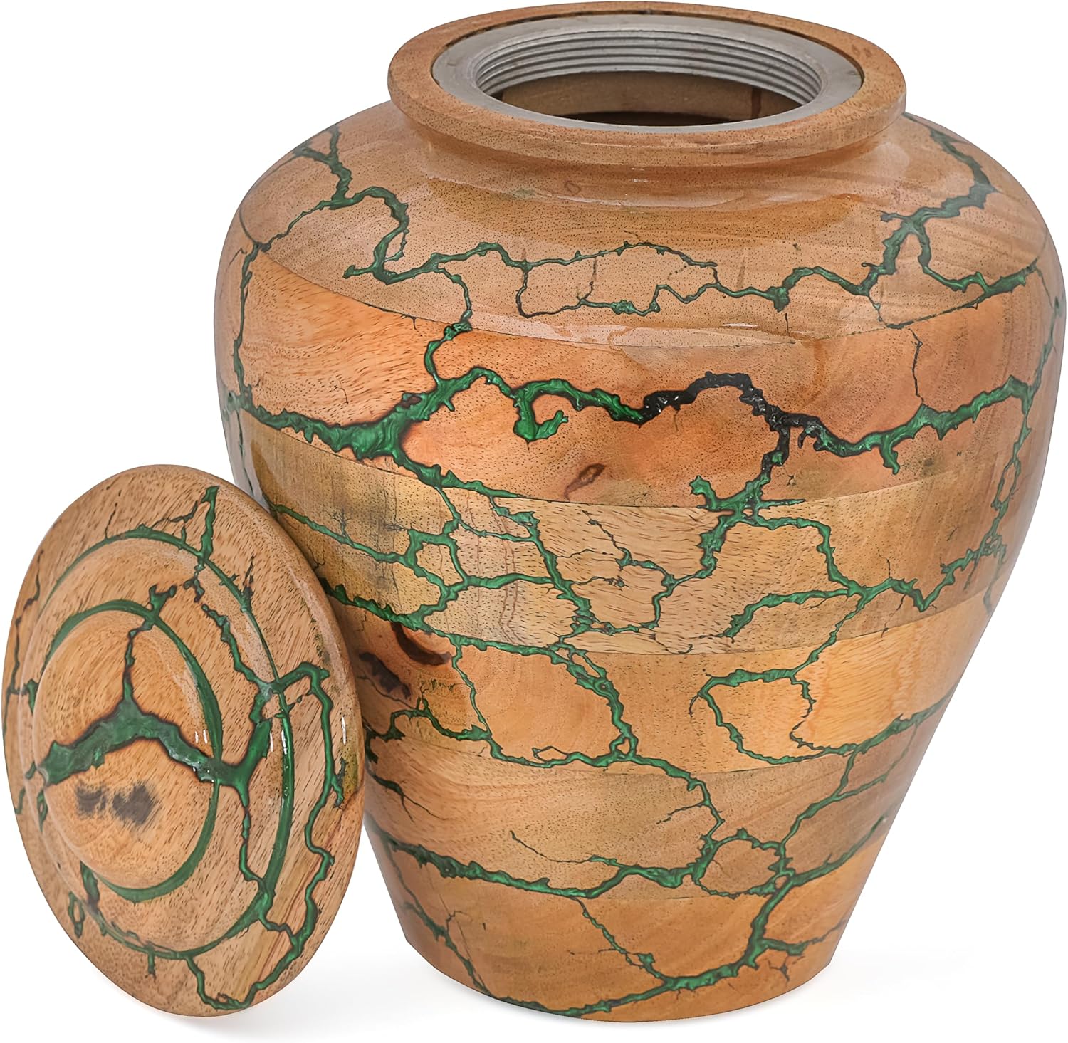 Wooden Cremation Urn for Adult Human Ashes – Handmade Mango Wood Funeral Urn with Green Epoxy Inlay – Large 225 Cu in Memorial Burial Urn Box with Velvet Bag (225 lbs)