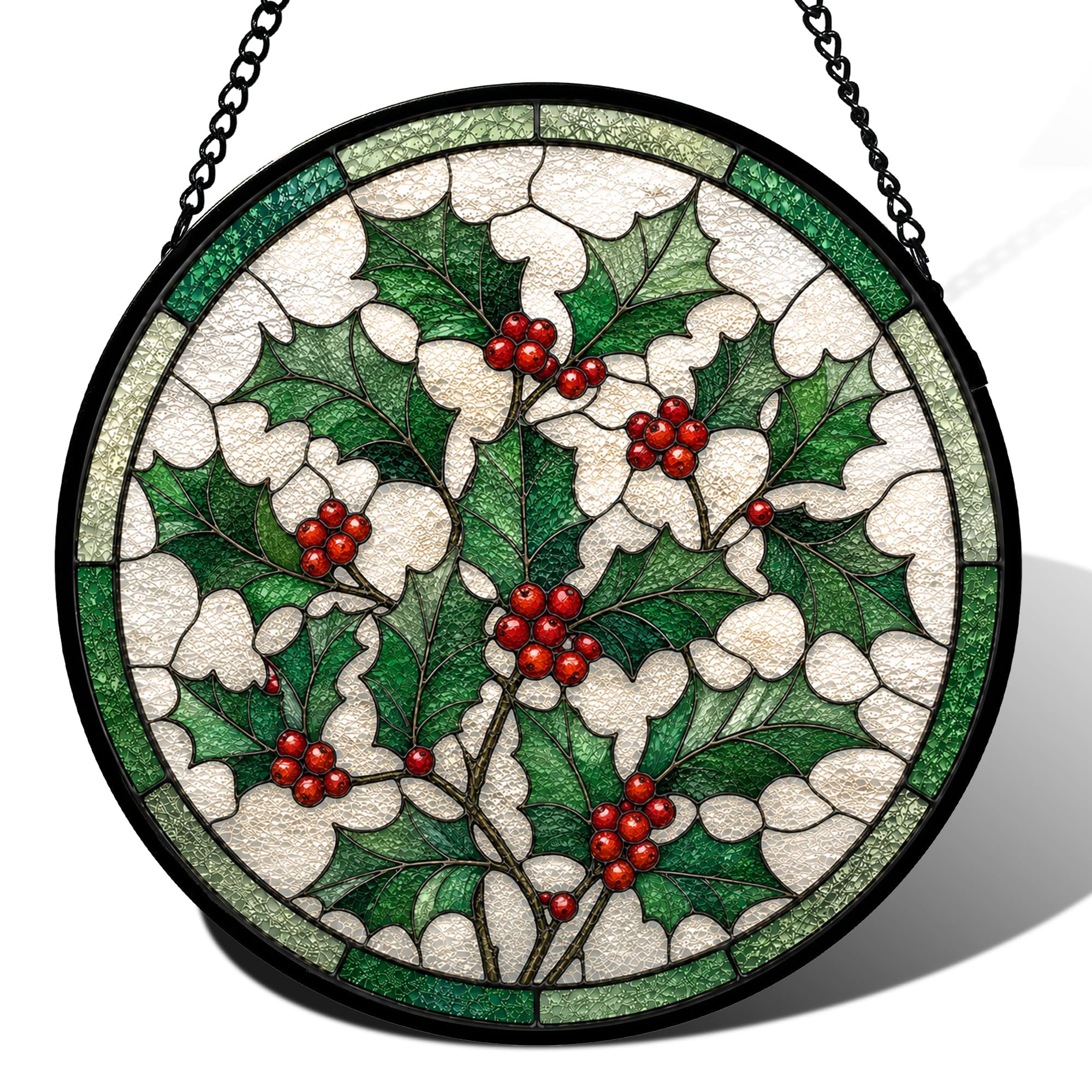 Birth Month Flowers Stained Glass Window Hanging, Sun Catcher for Window, Stained Glass Kit Style Floral Suncatcher, Round Flower Decor for Indoor Window Wall Garden Gift (Holly Leaves)