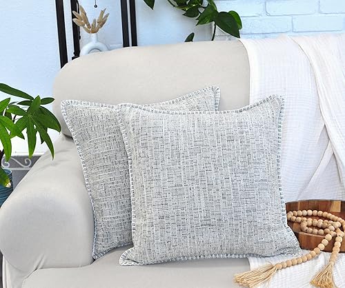 Miniatura 5 de Juego de 2 fundas de almohada de felpilla con textura de borde cosido de 20 x 20 pulgadas, color blanco crema y negro, fundas de cojín suaves,