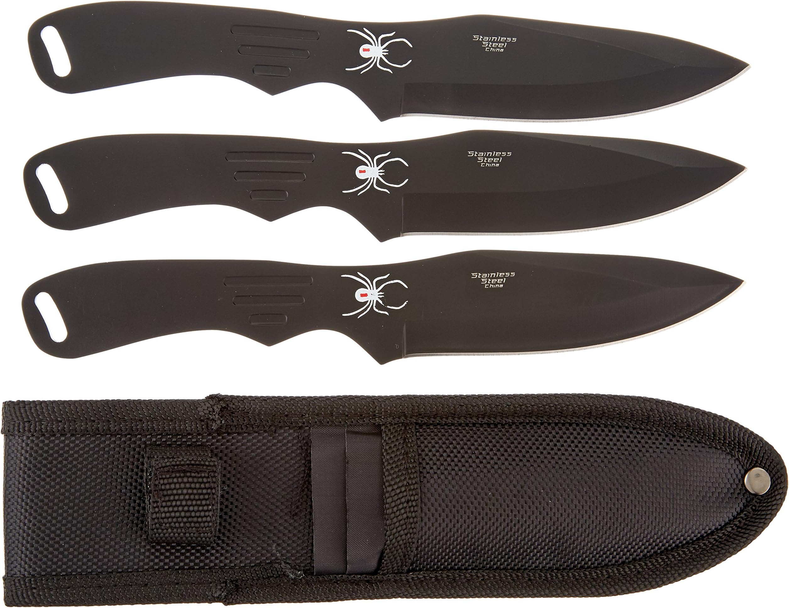 Perfect Point Throwing Knives – Set of 3 – Stainless Steel Blades and Handles w/Spider Design, Nylon Sheath, Full Tang Construction, Throwing Sport Knives – RC-1793 Series (Black)