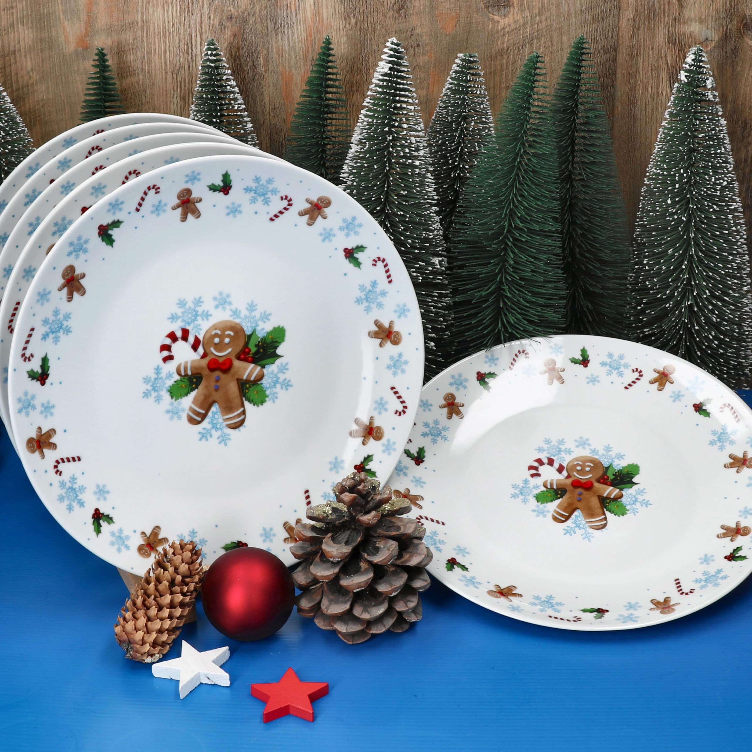 MamboCat Candyman - Set 6 Piatti Piani In Porcellana Per Natale - Decorazione Frozen Blu Ghiaccio Con Omini Di Pan Di Zenzero - 27 Cm - Lavastoviglie E Microonde