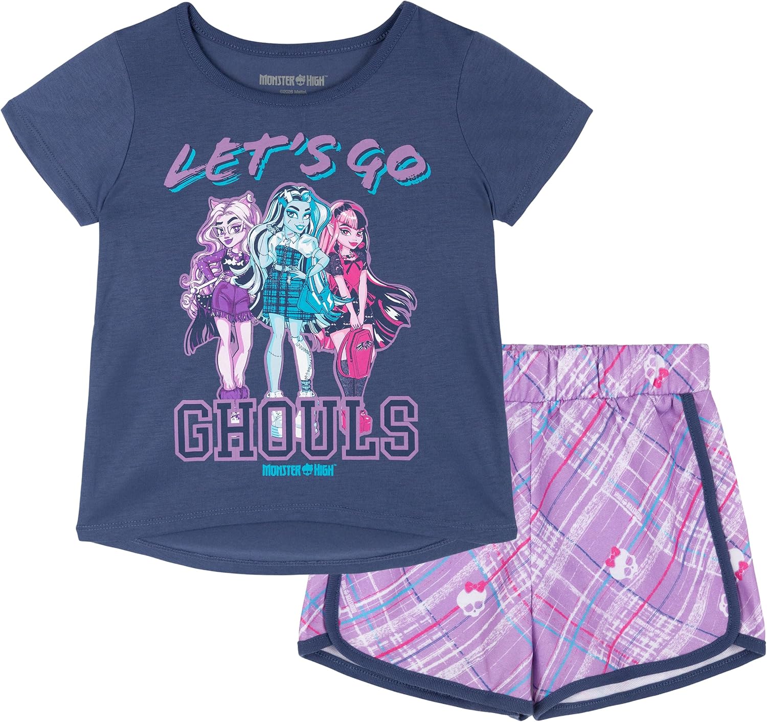 Monster High Girls T-Shirt and French Terry Dolphin Shorts Outfit Set Toddler to Big Kid Sizes (4T - 14-16)