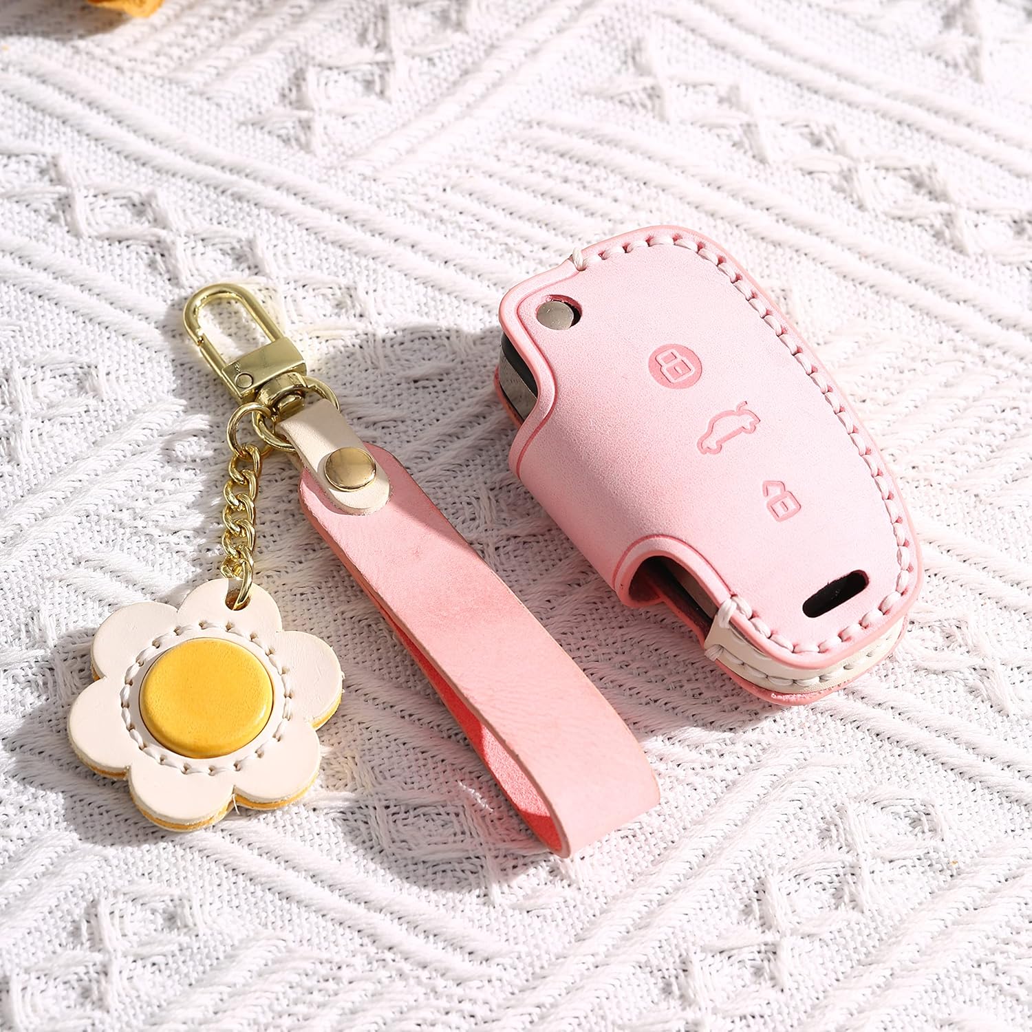 SANRILY Fashion Leather Key Fob Cover for Audi Q3 Q7 A3 A1 TT R8 Key Accessories Keyless Full Protection Key Fob Case with Flower Keychain Pink