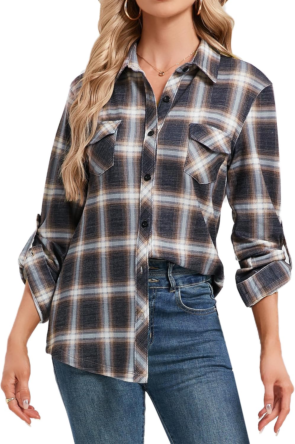 Oyamiki Womens Casual Cuffed Long Sleeve Boyfriend Button Down Plaid Flannel Shirt Tops