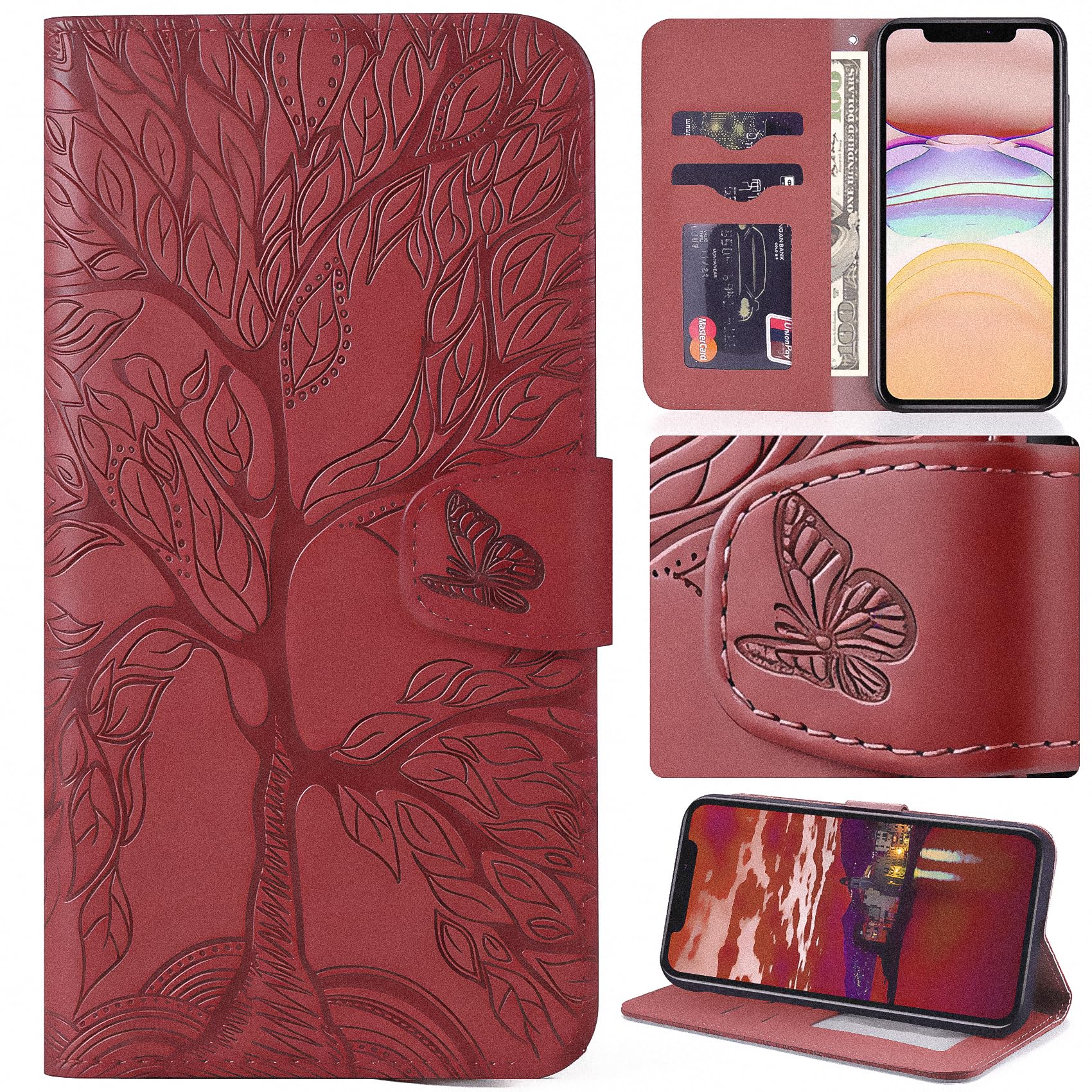 Aisenth Handyhülle für iPhone 12/iPhone 12 Pro, Baum Muster Leder Handytasche Brieftasche Klapphülle Etui Wallet Flip Case Schutz Hülle mit TPU innen Schale, Kartenfächer, Aufstellfunktion -Rot