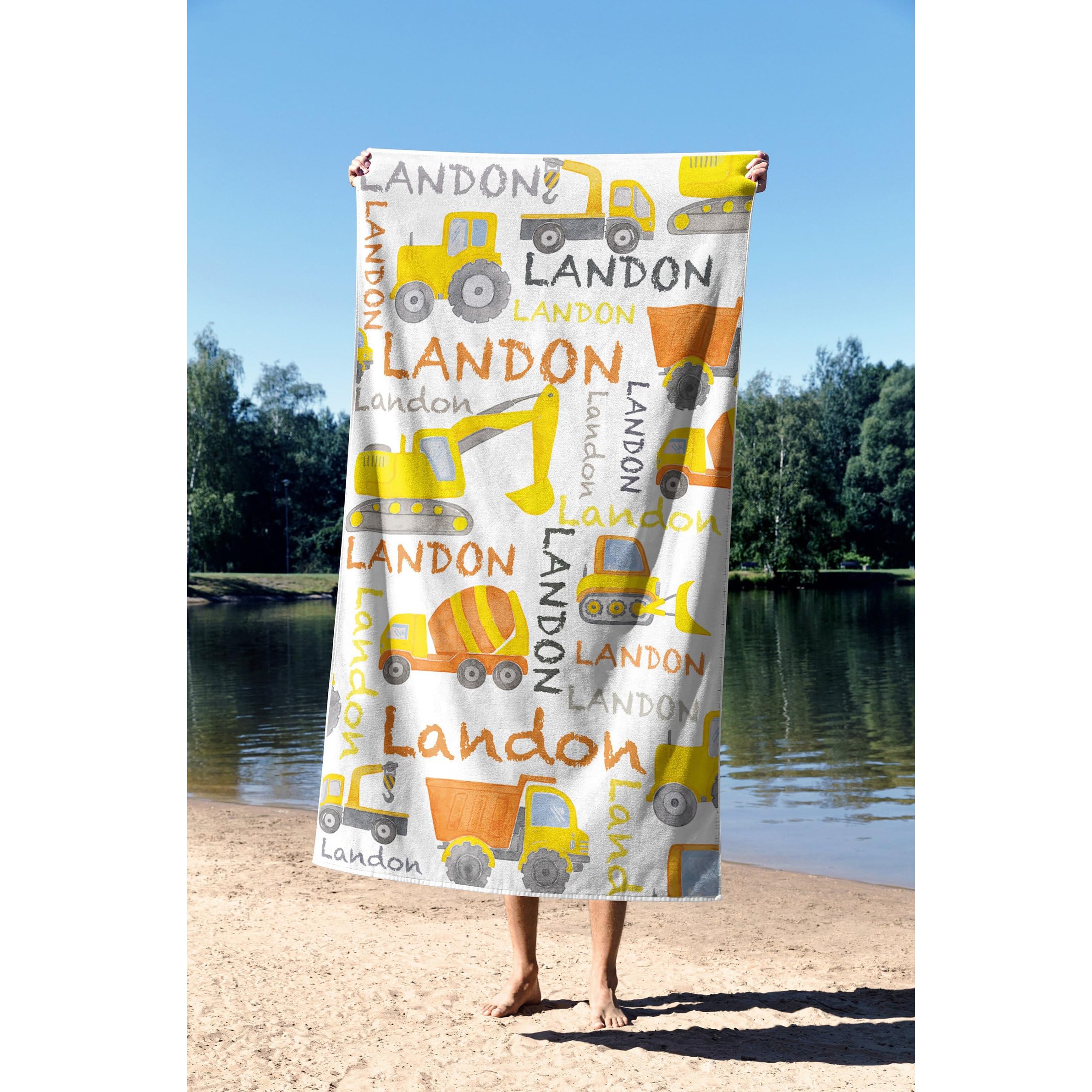 Kids Construction Truck Hooded Beach Towel – 2'x4' Poncho With Pockets, For Ages 2-7