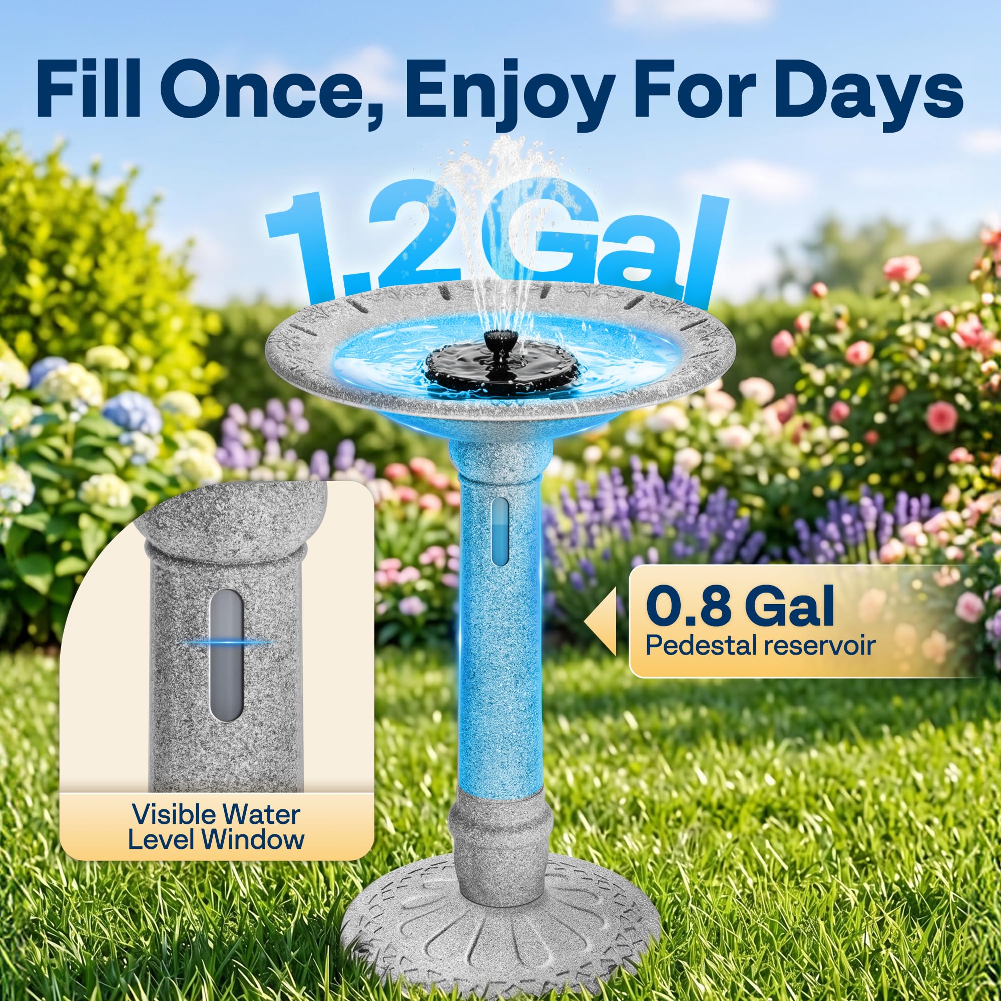 VIVOHOME ⌀51cm Fontana Solare per Uccelli con Serbatoio e Batteria, Bagno da Esterno in ABS 4.5L Resistente alle Intemperie per Giardino, Prato o Balcone