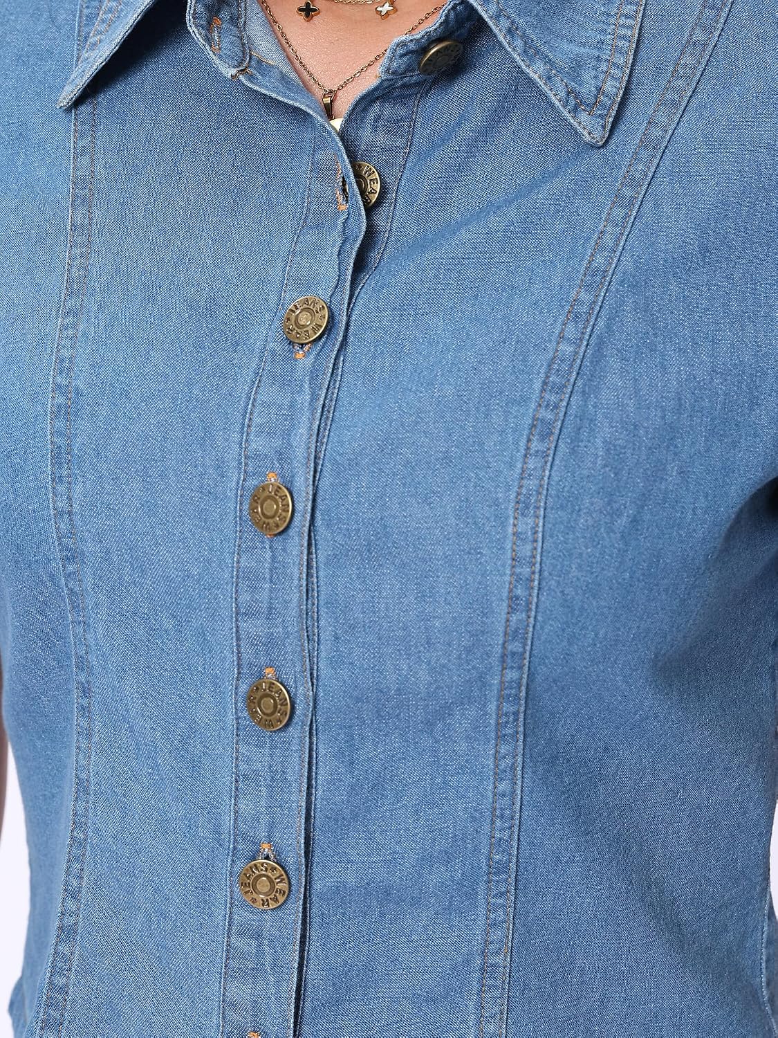 SUNNOW Women's Short Sleeve Fitted Denim Shirt Slim Fit Button Down Collared Blouse Top