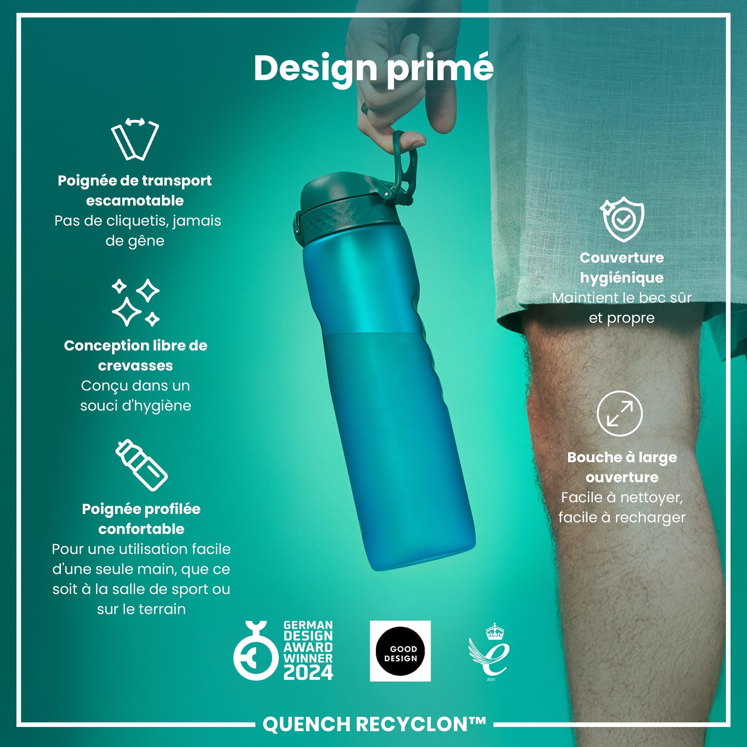 Gourde Ion8 OneTouch 1 L – Anti-Fuite 100%, Ouverture D’un Doigt, Poignée, Recyclon Sans BPA, Sport & Quotidien