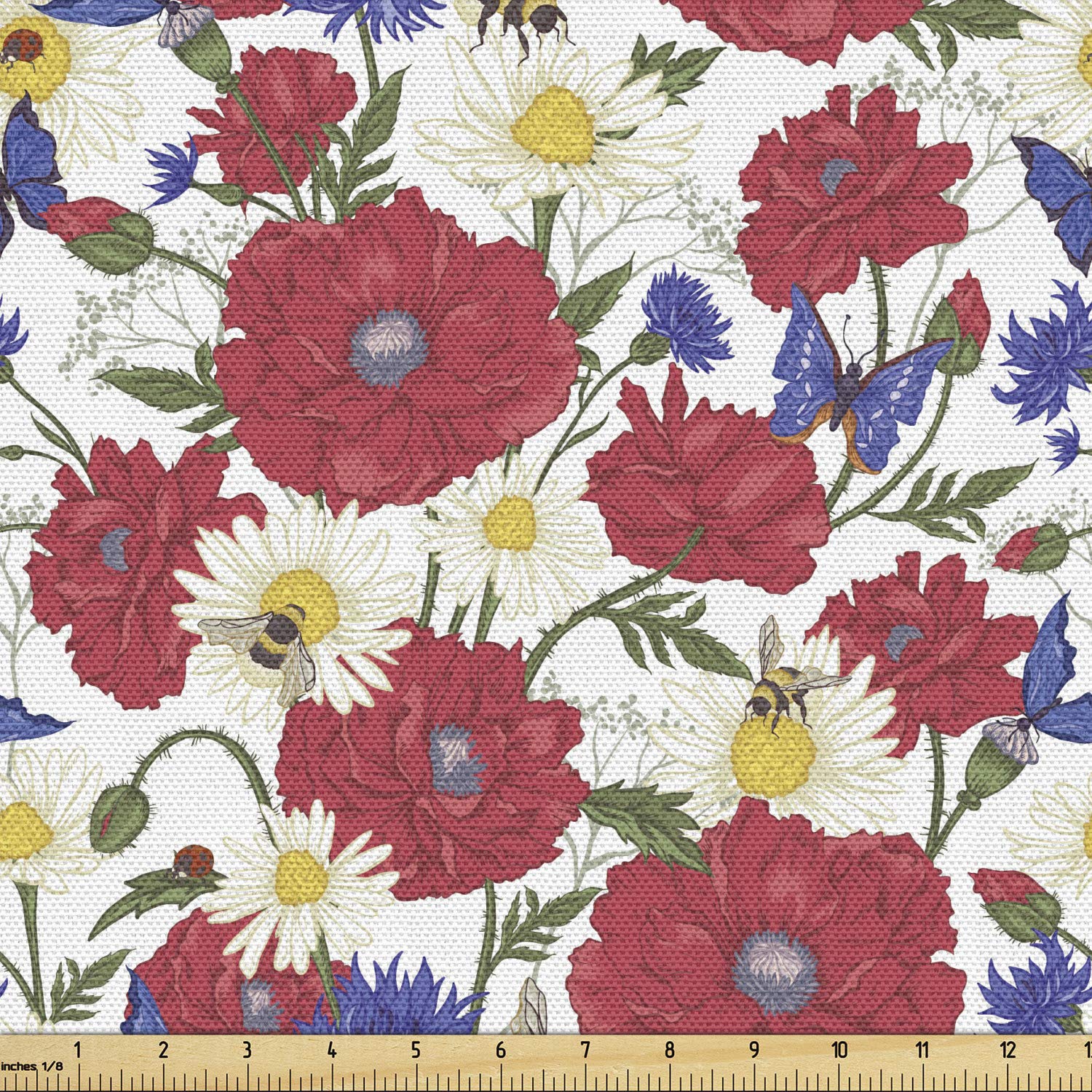 Ambesonne Floral Fabric by The Yard, Blooming Red Poppies Chamomile Ladybird and Daisies Bumblebee Bees and Butterflies, Decorative Fabric for Upholstery and Home Accents, 1 Yard, Raspberry Navy