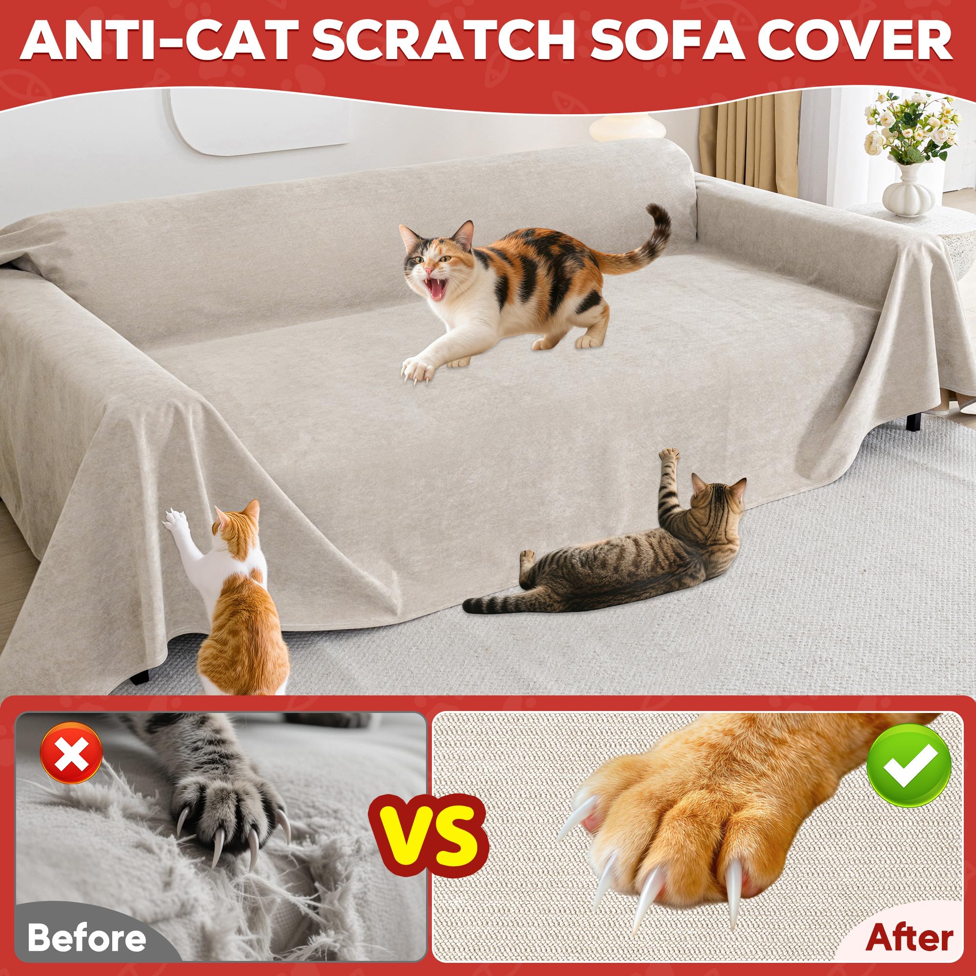 Loiion Fundas Sofa Antipelos Mascotas, Funda de Sofa 3 Plazas, Protector de Muebles para Perros, Protector Sofa para Gatos Arañazo y Perros Mascotas, Antideslizante Antimanchas, Caqui, 380x180cm