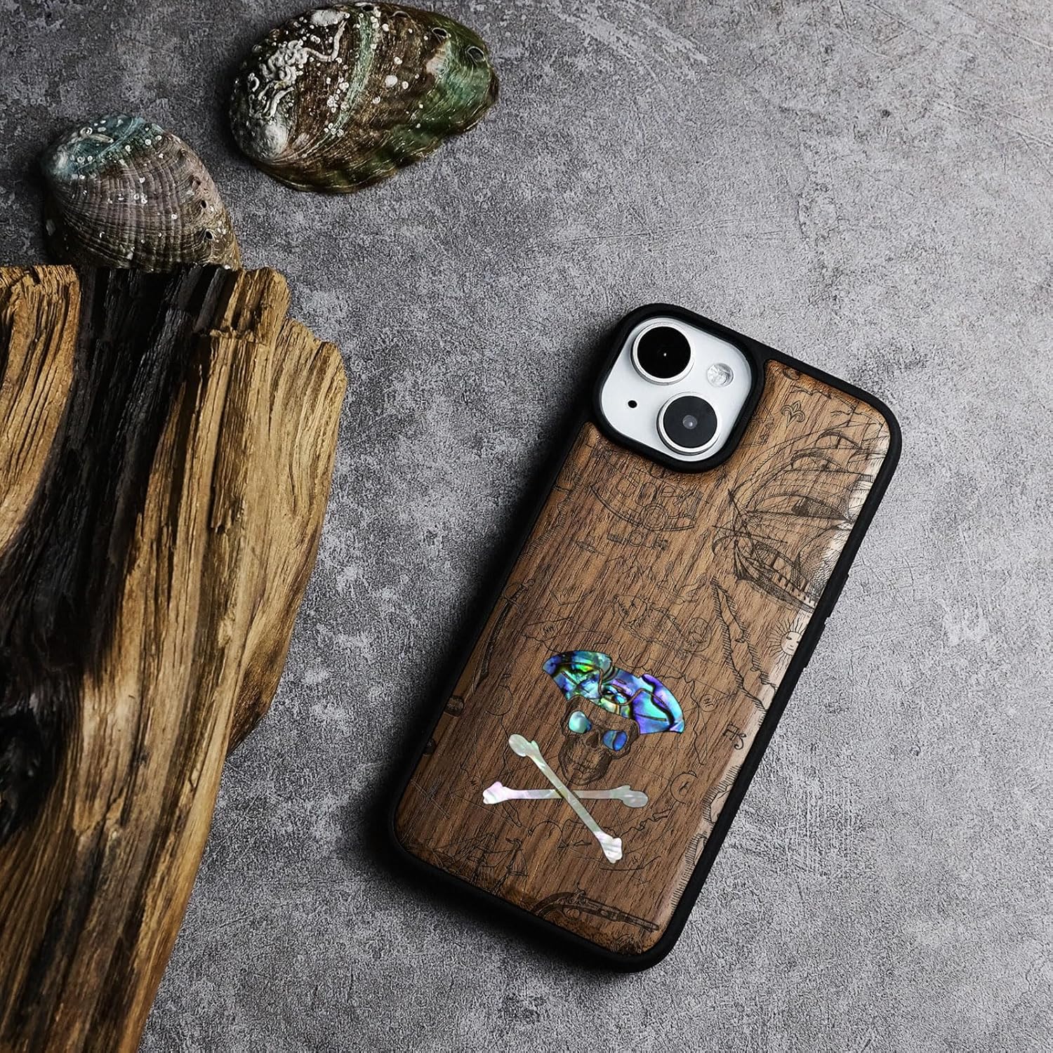 Carveit Wooden Case for iPhone 15 Magnetic Case, Compatible with MagSafe Wireless Chargers, Shockproof Cover, Handmade Shell Inlaid & Wood Artisan Engraved (Pirate Skull) Walnut
