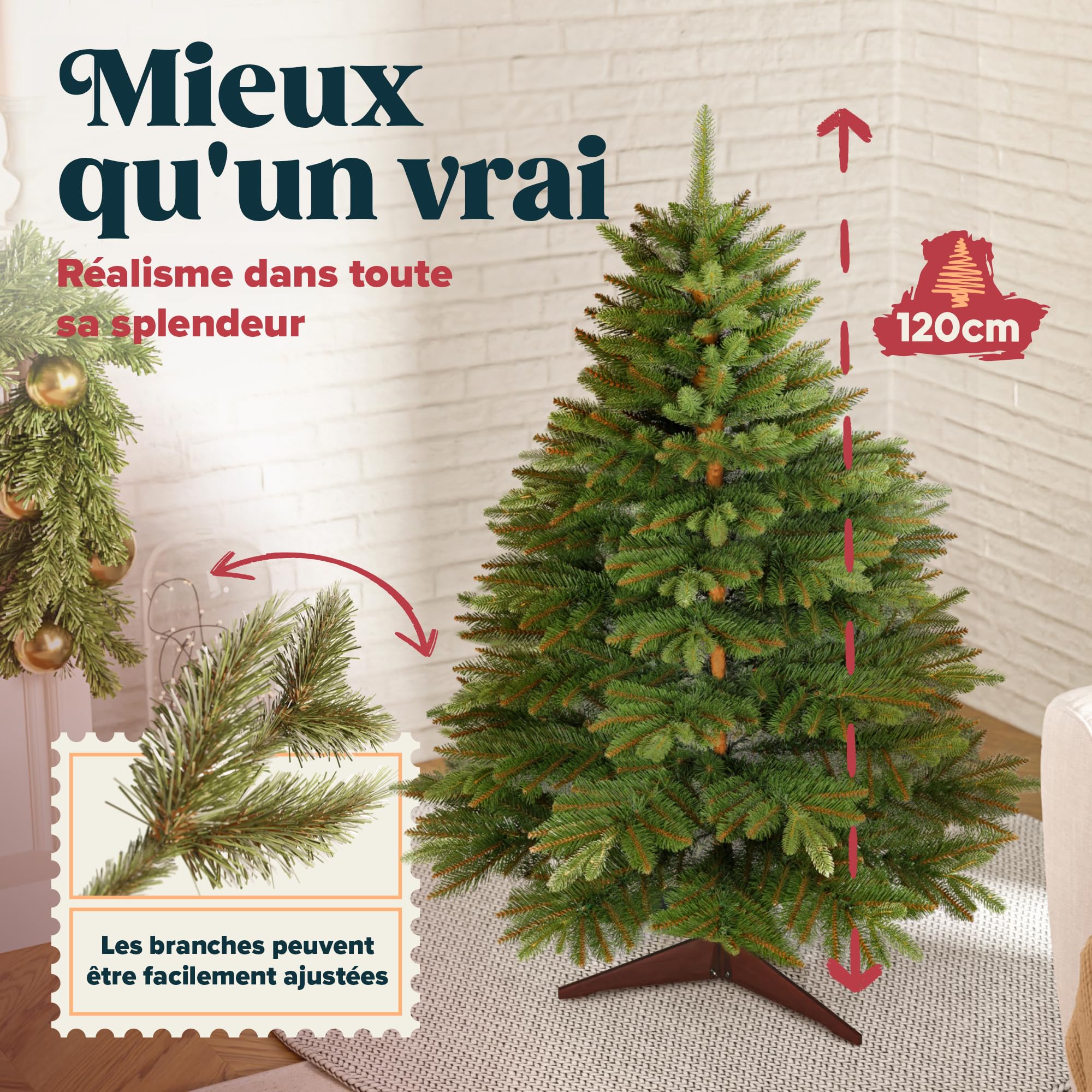 Sapin de Noël Artificiel Premium 120 cm - Gagnant du Test - Aspect Naturel, Branches denses, avec Support en Bois et Sac Pratique – Qualité supérieure de Pure Living