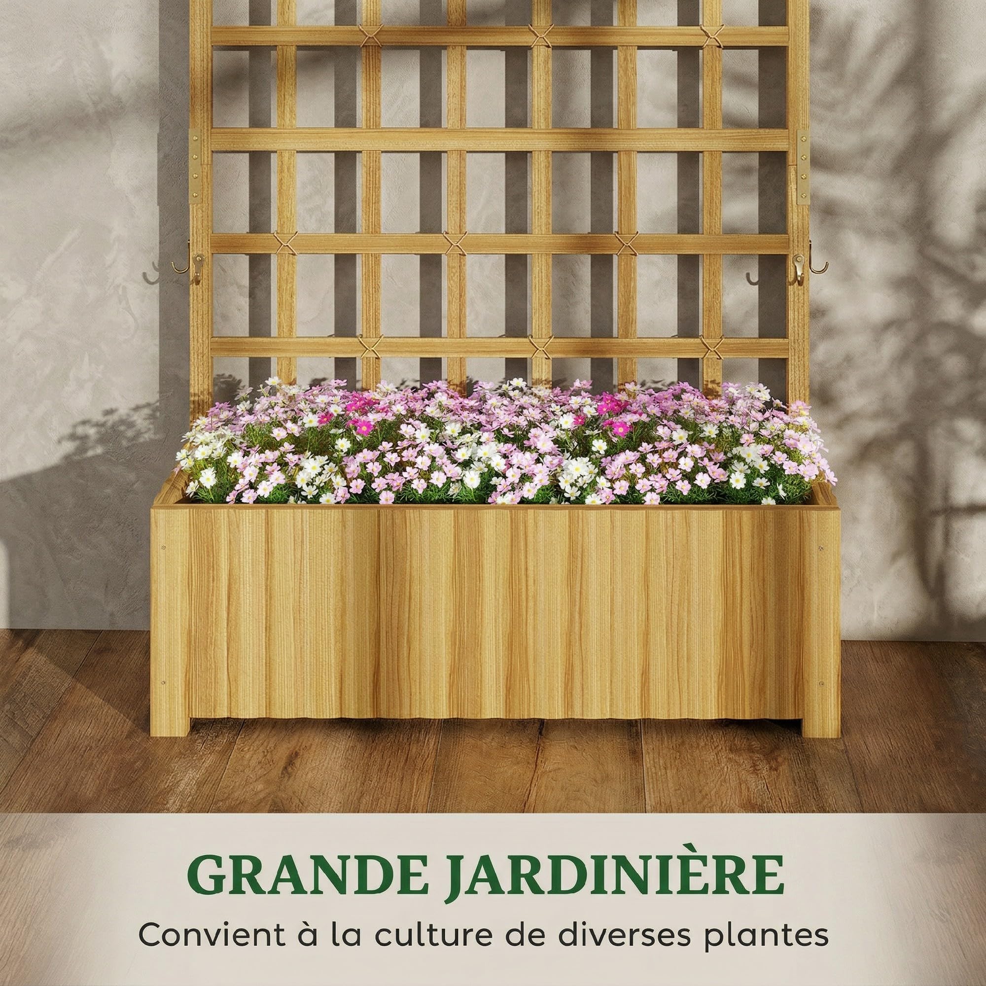 Outsunny Jardinière avec treillis, lit surélevé bac à fleurs pour plantes grimpantes et légumes, bois massif, avec trous de drainage, usage intérieur et extérieur, 90 x 30 x 180 cm, effet bois naturel