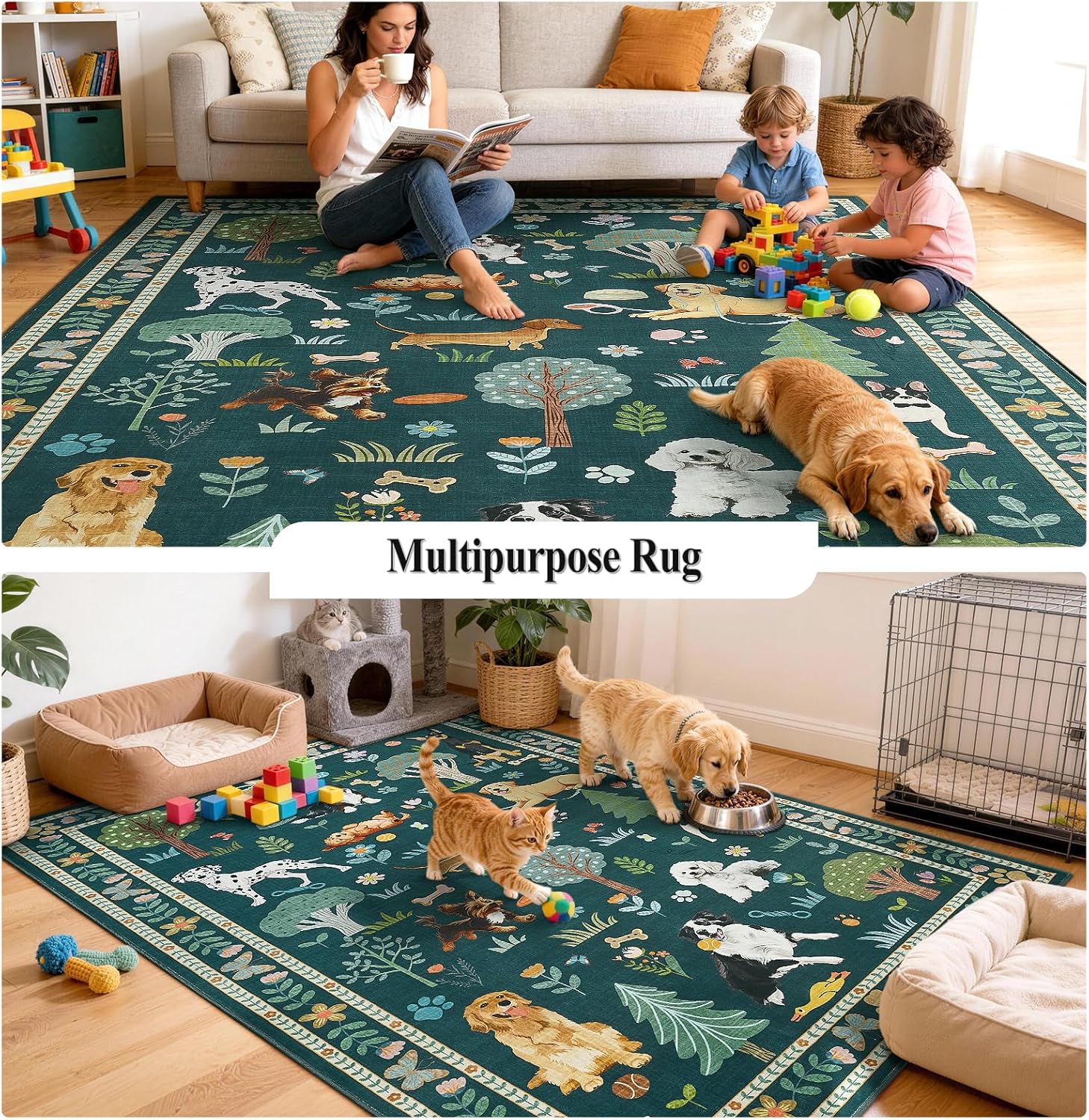 5x7 Area Rugs for Living Room Bedroom, Large Washable Floral Animal Dog Print Rug, Soft Stain Resistant Low Pile Non-Slip Thin Carpet for Dining Room Kids Playroom Dorm Home Decor, Dark Green